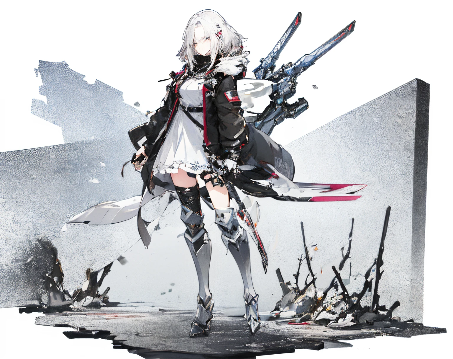 anime character with sword and armor standing in front of a white background, from arknights, badass anime 8 K, best anime 4k konachan wallpaper, zerochan art, by Yang J, guweiz on pixiv artstation, guweiz on artstation pixiv, arknights, by Shitao, Trending on ArtStation pixiv、High quality、cyberpunked、girl with２a person、mechanic、comical、Anime style、white  hair、motor bikes、leather jackets、punk coloring、sity、nightcity、Street、doodle、parka、Mature、Tall Woman、Military、long boots、missiles、natta、Twosome、teammate、a picture