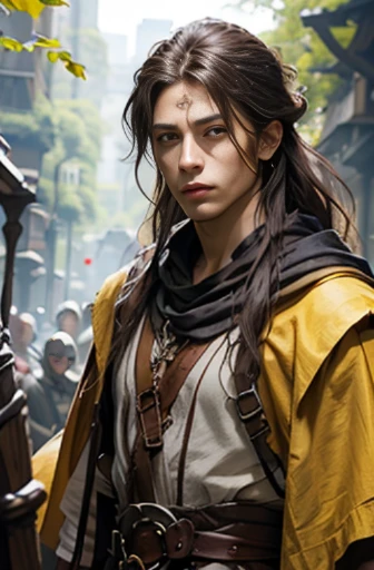 Handsome men ,RPG、Small eyes、tied up long hair、fantasy style clothing、yellow outfit、Yellow cloak、Black hair、Clothes without sleeves