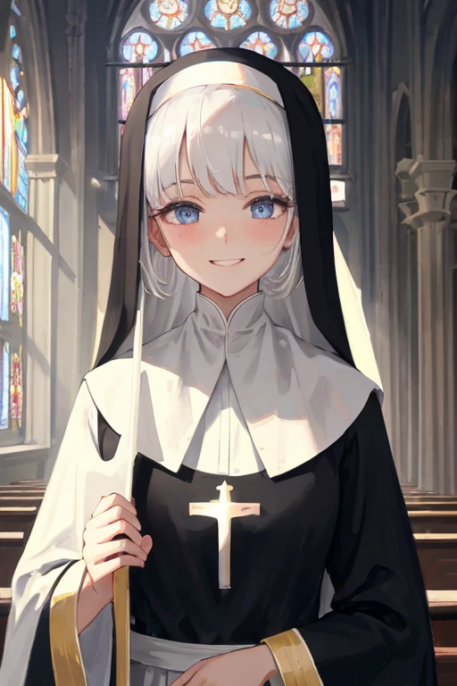 nun, cross, bible, white hair, church, realistic and detailed eyes
