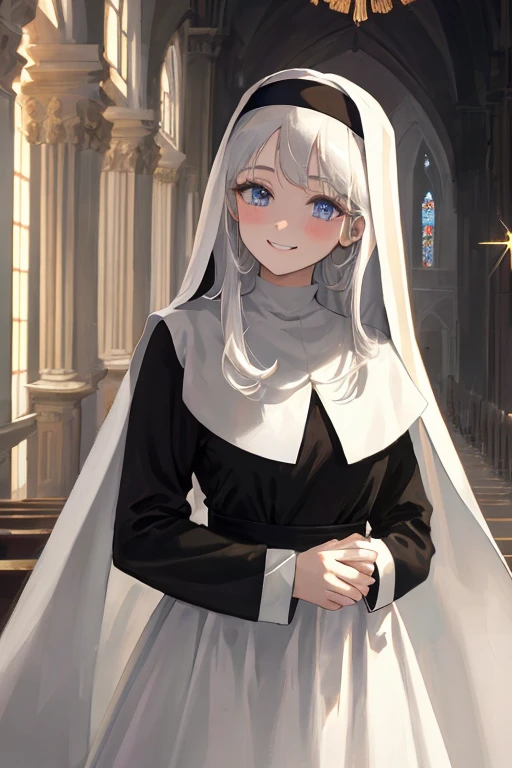 Only the upper body naked, Grinning smile,nude,masterpiece, best quality, ultra-detailed, extremely detailed, beautiful, extremely detailed CG 8k wallpaper, ultra detailed background, bloom effect, holylight, light rays, strong light coming in, deep shadows, church background, kawaii girl, dynamic angle, upper body, 1girl, solo, cute face, beautiful detailed eyes, beautiful detailed hair, nun cassock clothing, priest, milky white hair, expressionless, insanely detailed nun cassock clothing,