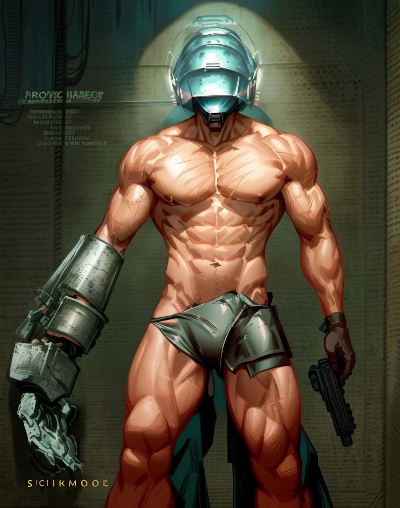 arafed man in a helmet and leather straps holding a gun, sci - fi armour! muscular, muscular! cyberpunk, muscular!! sci-fi, cyberpunk gladiator, cyborg fashion shot, armored, attractive beefy male with armor, futuristic armor, armored warrior, [ rigidly defined abs ]!!, heroic masculine pose, with futuristic gear and helmet