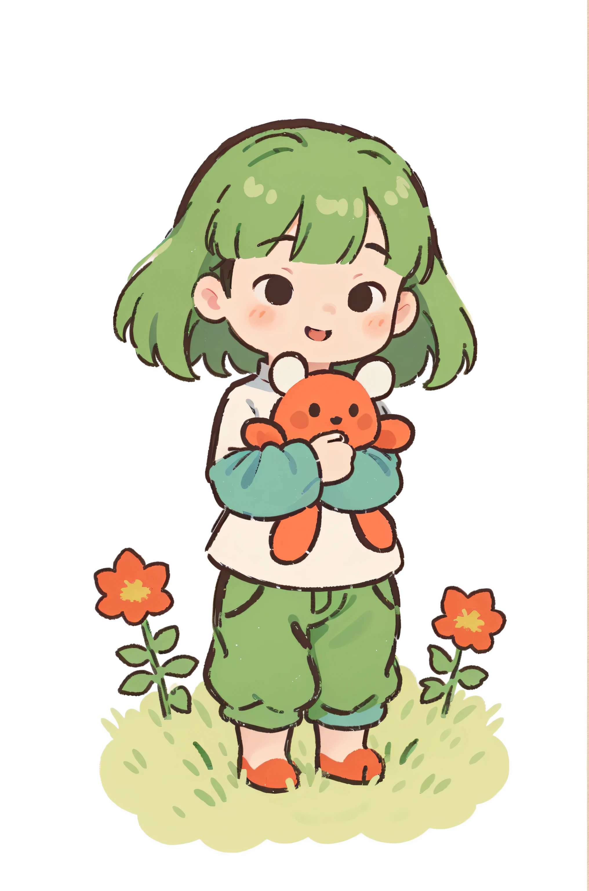 tongxin,flower,solo,smile,stuffed toy,bug,1girl,green hair,red footwear,pants,stuffed animal,white background,holding,holding stuffed toy,blush,child,butterfly,shirt,standing,animal,long sleeves,