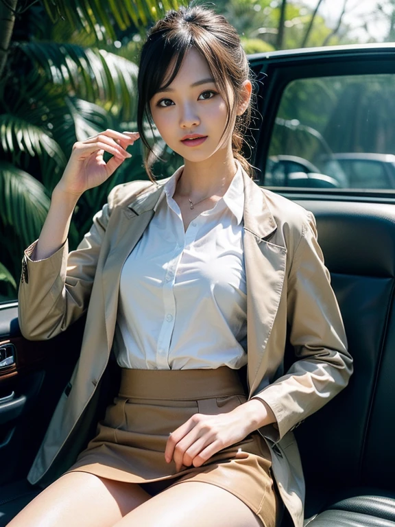 ((top-quality、in 8K、​masterpiece:1.3、Raw photo))、Super high quality photos, Inside a luxury limousine running through a tropical jungle, ((Wearing a business suit with jacket and skirt)), ((Beautiful Japanese woman sitting on a seat)),((Wear a white blouse shirt under the jacket)), ((Perfect beauty 20 year old idol Japan woman)), ((a smile)), ((protruding ??????? under the shirt,,)), ((slim figure)), ((Slim legs)), ((slim thigh)), (Photorealistic: 1.4), (Ultra-high detail), (hyper realisitic: 1.4), (Realistic: 1.3), (Smooth lighting: 1.05), Full body, 1girl in, Solo, (Japanese actressl),　20yr old, cinematlic lighting, ((Leaner figure)), Good ???????, Correct ???????, Inside a limousine driving through a tropical jungle, ((Perfect beauty 20 year old idol Japan woman)), ((Slim legs)), ((slim thigh)), ,((Perfect beauty)), ((He has a small camping bag in one hand.)), ((Panties are visible through the skirt)), ((a smile)), ((camel's toe)), ((Wearing a business suit with jacket and skirt)), ((Hands on the ??????)).