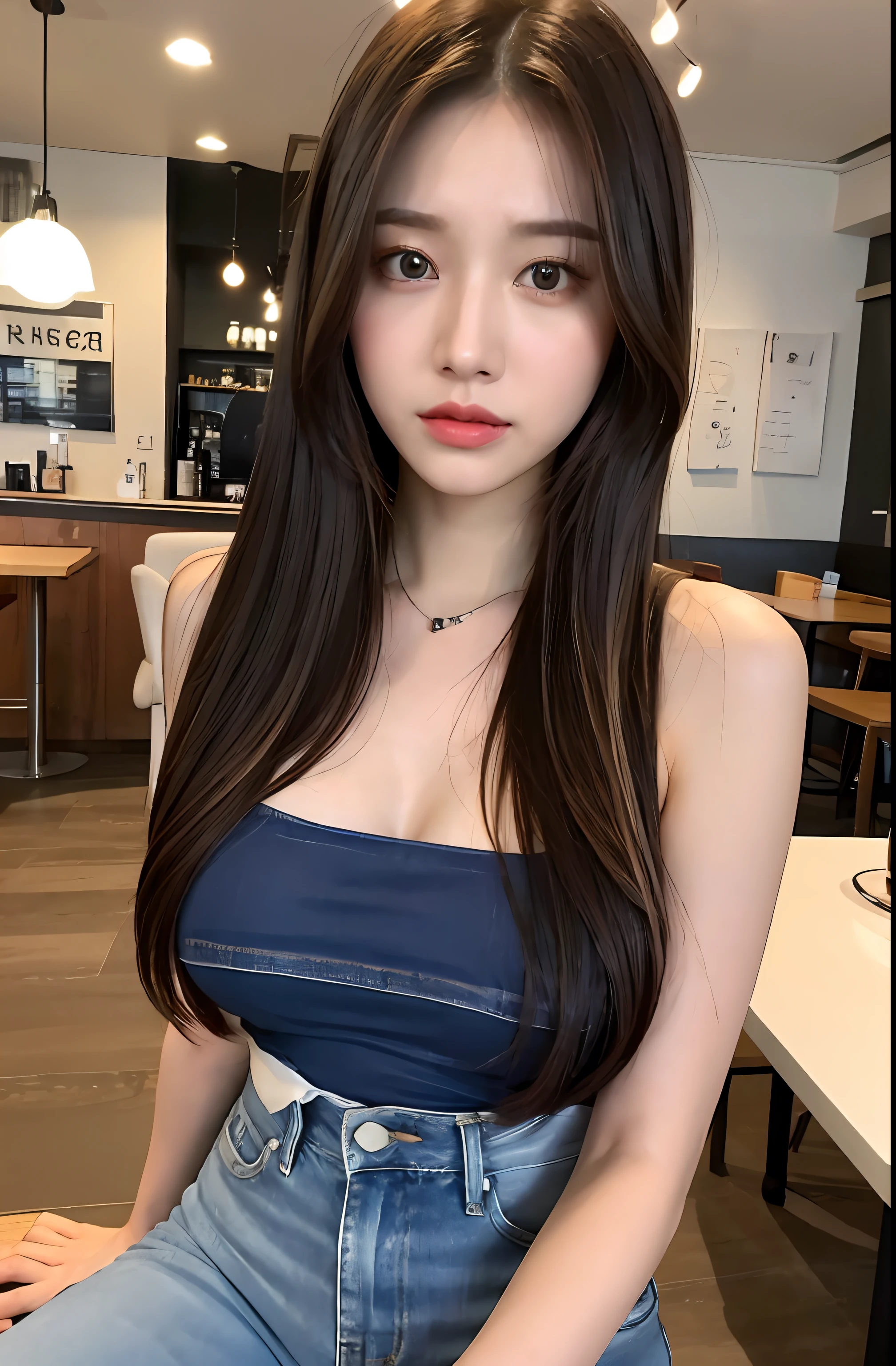 (realisticlying, A high resolution:1.3), 1 girl with a perfect body, Super fine face and eyes,long whitr hair, Tank top of random colors:1.2, short jeans pants, in a cafe, Coffee on the table, huge tit,