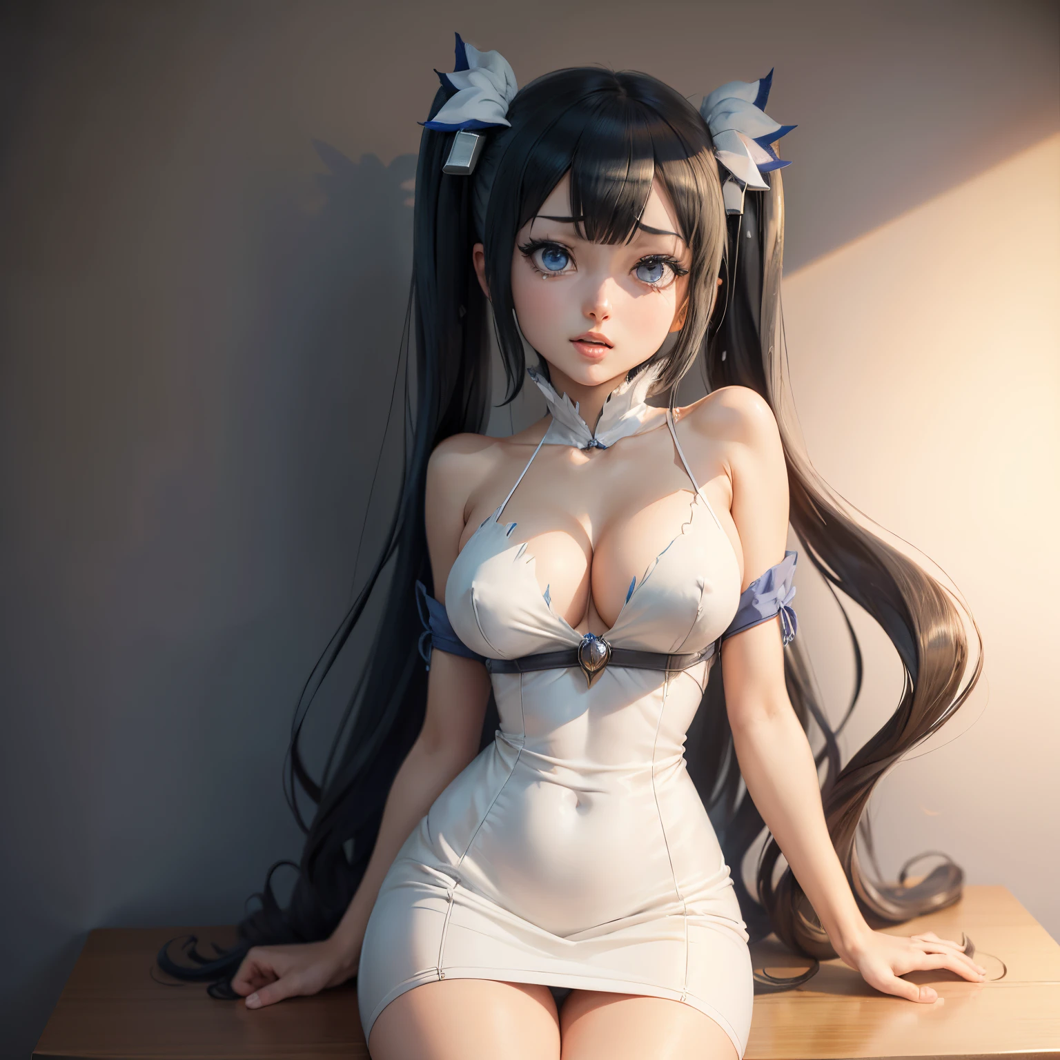 Hestia de Danmachi, de quatro no quarto, corpo inteiro, seios e coxas grandes, usando vestido branco, ((pernas abertas:1.5, Rolling eyes, fazendo ahegao))