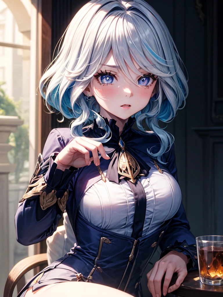 Masterpiece, best quality, genshin impact, 1 girl, furina, white hair, blue hair, cute, white backround, tear shaped pupils,