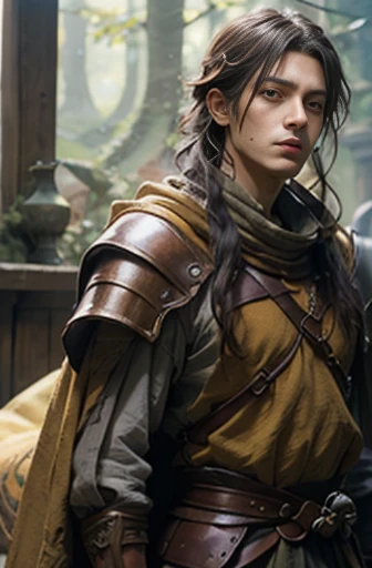 Handsome men ,RPG、Small eyes、tied up long hair、fantasy style clothing、yellow outfit、Yellow cloak、Black hair、arms are like dragons