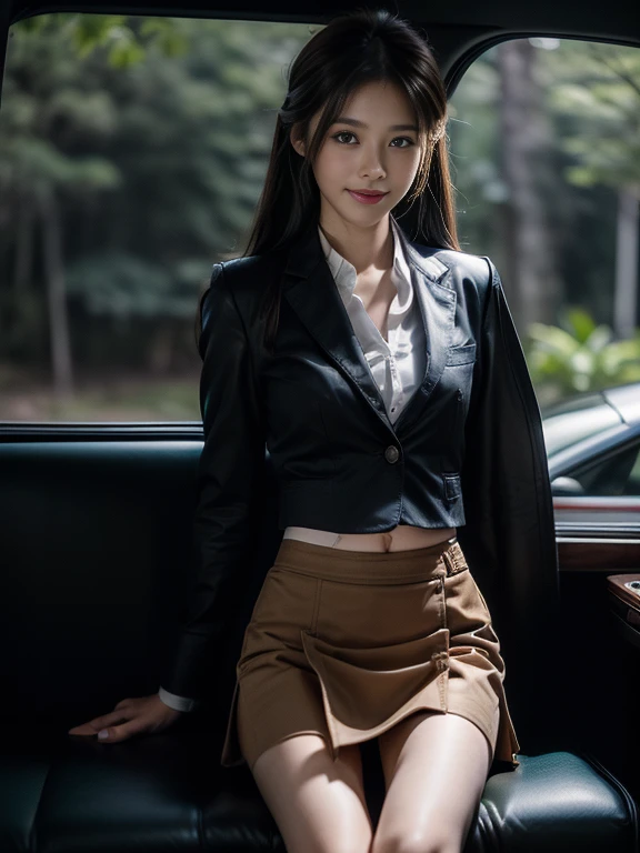 ((top-quality、in 8K、masterpiece:1.3、Raw photo))、Super high quality photos, Inside a luxury limousine running through a tropical jungle, ((Wearing a business suit with jacket and skirt)), ((Beautiful Japanese woman sitting on a seat)),((Wear a white blouse shirt under the jacket)), ((Perfect beauty 20 year old idol Japan woman)), ((a smile)), ((protruding nipples under the shirt,,)), ((slim figure)), ((Slim legs)), ((slim thigh)), (Photorealistic: 1.4), (Ultra-high detail), (hyper realisitic: 1.4), (Realistic: 1.3), (Smooth lighting: 1.05), Full body, 1girl in, Solo, (Japanese actressl), 20yr old, cinematlic lighting, ((Leaner figure)), Good anatomy, Correct anatomy, Inside a limousine driving through a tropical jungle, ((Perfect beauty 20 year old idol Japan woman)), ((Slim legs)), ((slim thigh)), ,((Perfect beauty)), ((He has a small camping bag in one hand.)), ((Panties are visible through the skirt)), ((a smile)), ((camel's toe)), ((Wearing a business suit with jacket and skirt)), ((Hands on the crotch)).