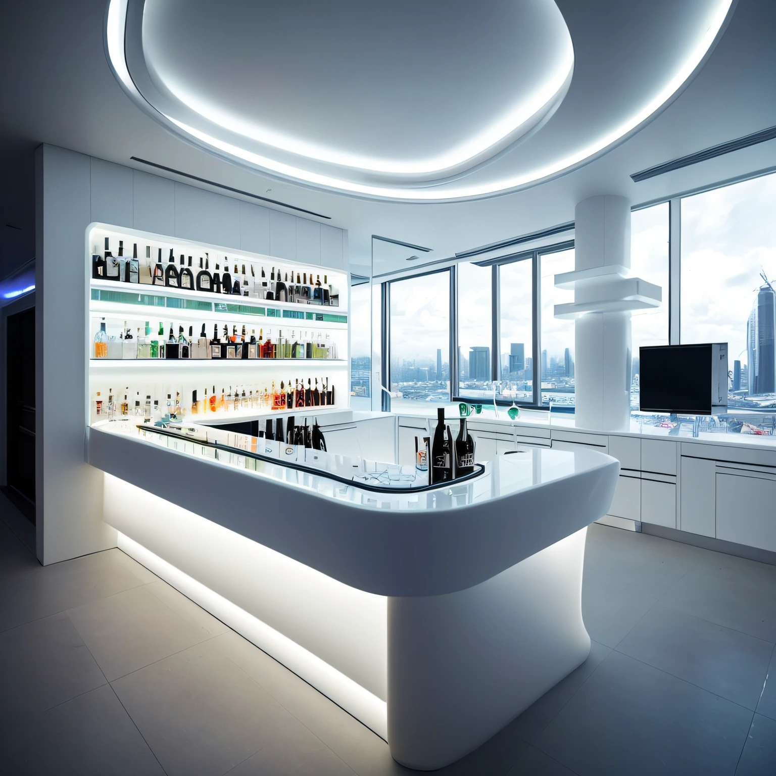 Alafide Bar,There are many bottles on the shelf, Riman, cocktail bar, background bar, futuristic interior, sleek white, futuristic decor, visually clear & scavenging, beach bar, futuristic room, Zaha Hadid architect's style, Inside the bar, futuristic setting, futuristic and ethereal, inside the glass box, inside white room, The white!!