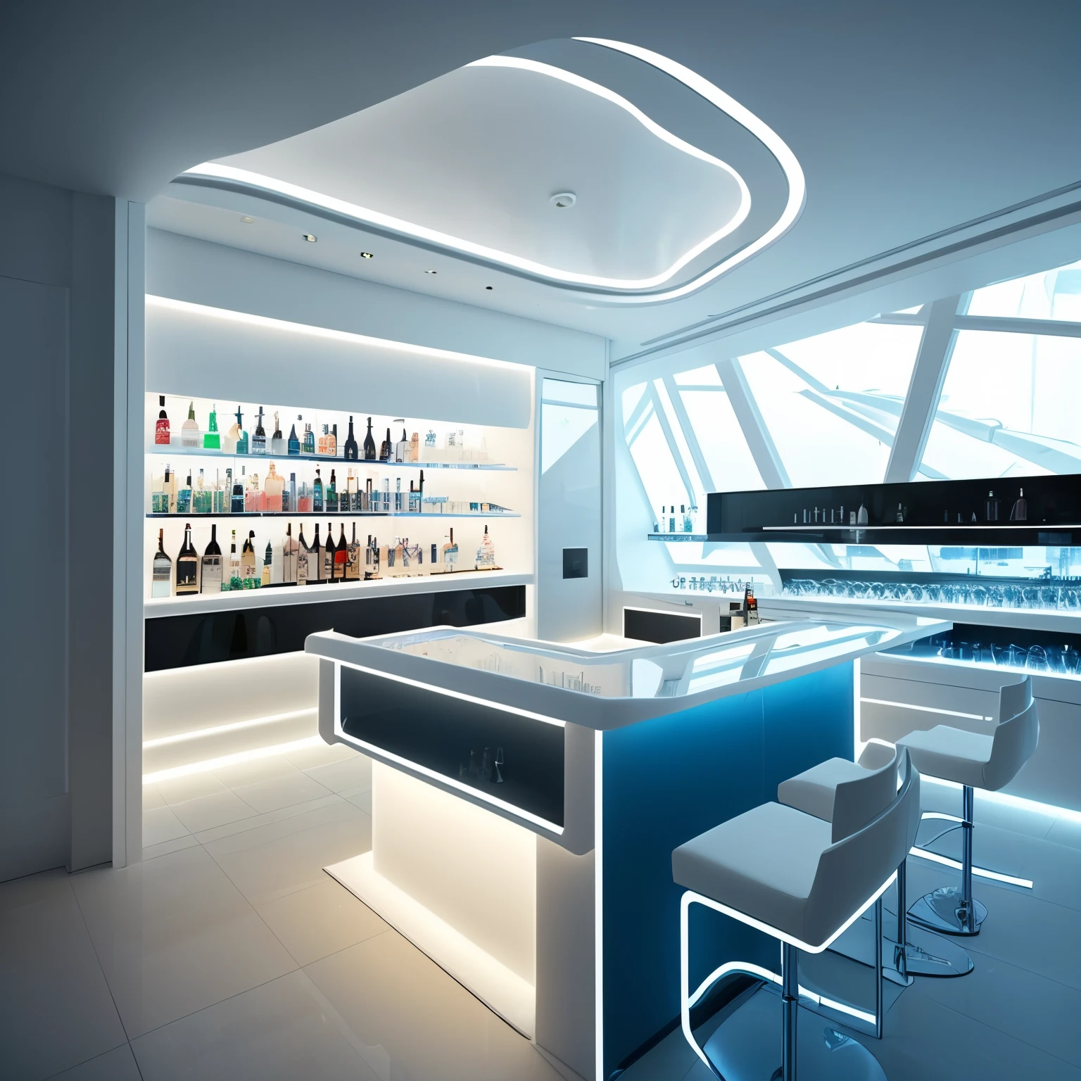 Alafide Bar,There are many bottles on the shelf, Riman, cocktail bar, background bar, futuristic interior, sleek white, futuristic decor, visually clear & scavenging, beach bar, futuristic room, Zaha Hadid architect's style, Inside the bar, futuristic setting, futuristic and ethereal, inside the glass box, inside white room, The white!!