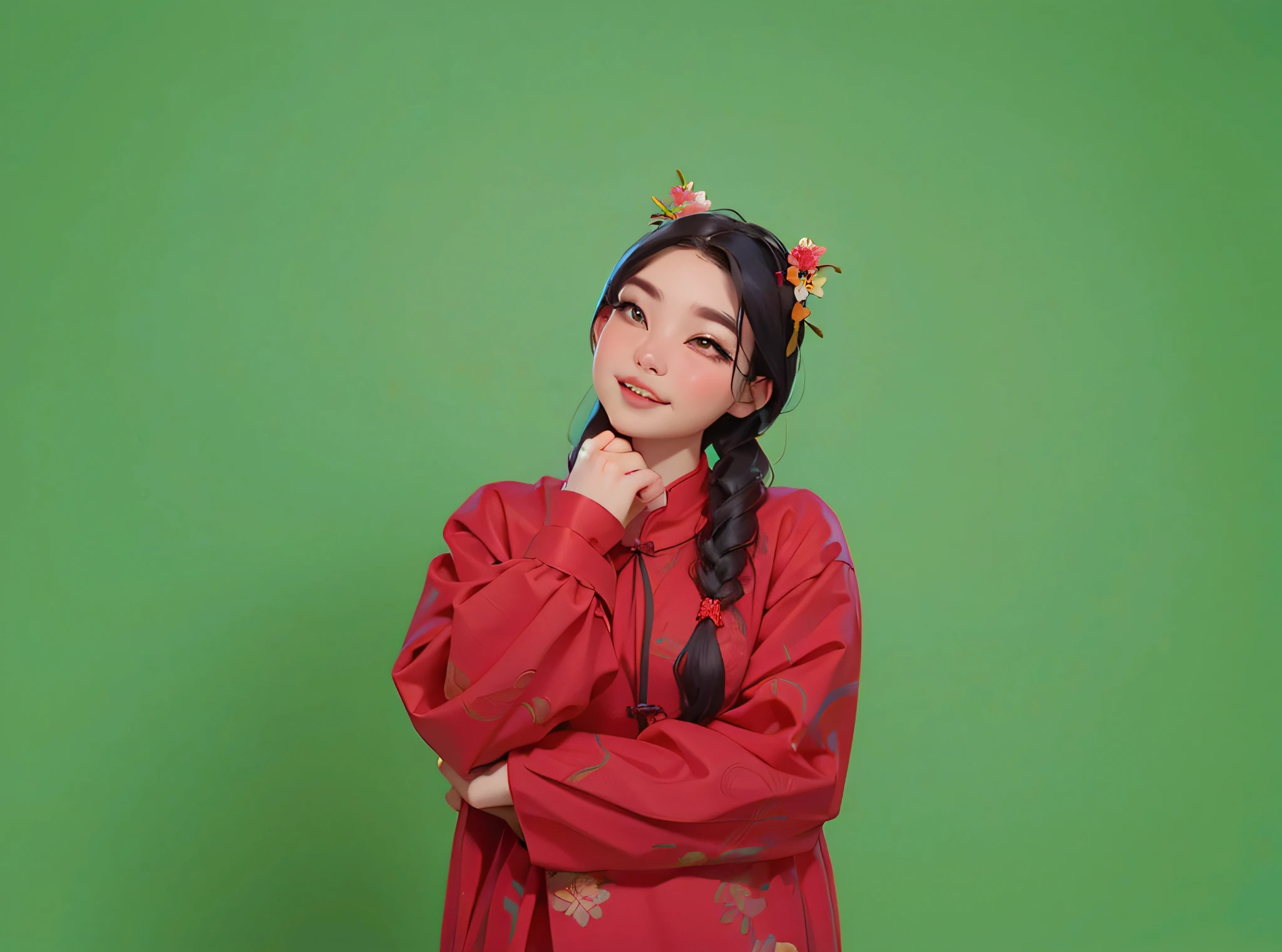 A woman with flowers in her hair poses for a photo, Match with ancient Chinese costumes, wearing red cheongsam, ChineseGirl, Young cute asian face, li zixin, a young asian woman, promotional still, Wearing ancient Chinese clothes, Lei Min, bian lian, lulu chen, Inspired by Chen Daofu, fundo vermelho