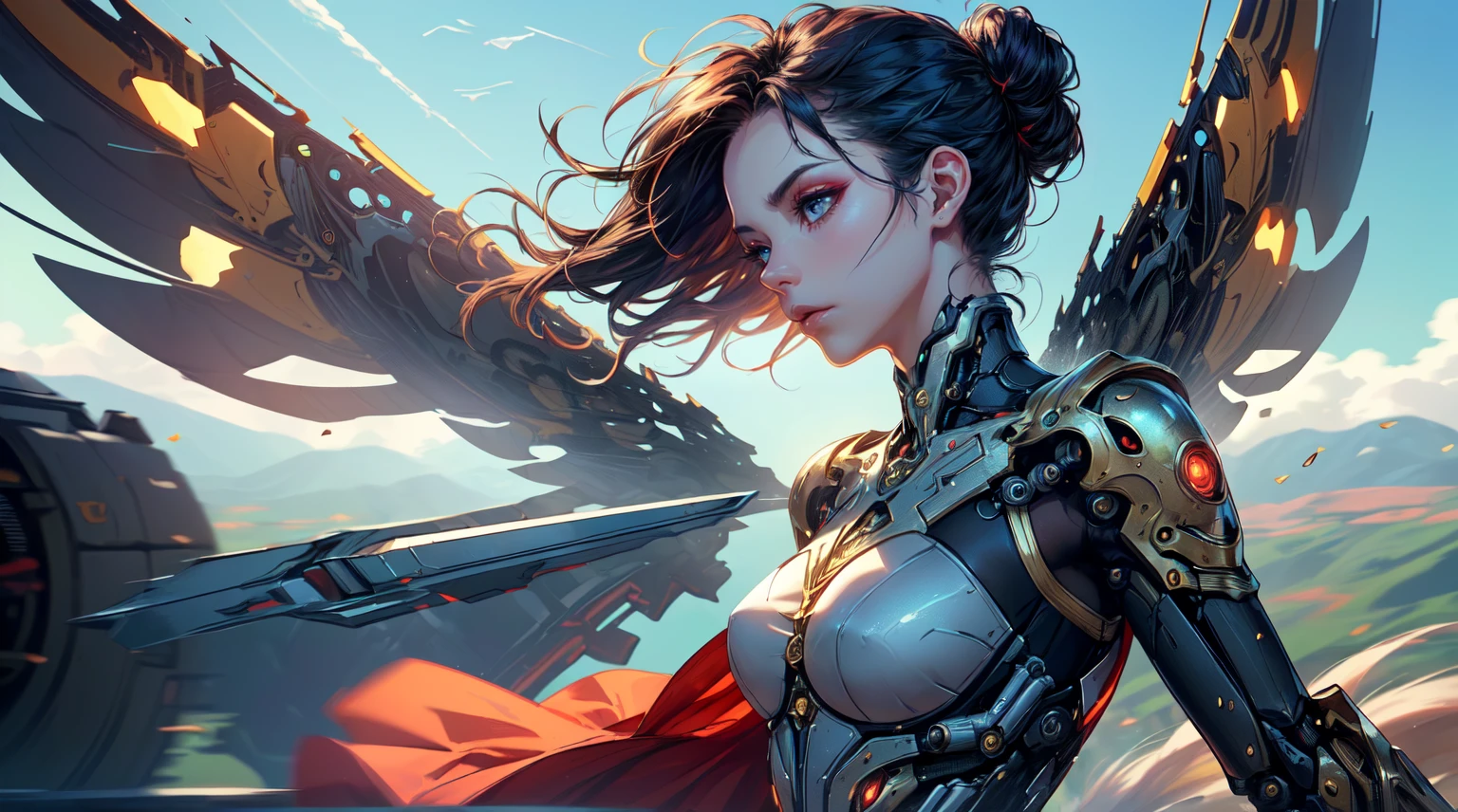 ((masterpiece)),(best quality), ((aristocrats ((flying)) (((1girl))) android warrior)), realmech, ((cinematic)), ambient occlusion, Nvidia ray tracing, dynamic:1.2, (absolutely eye-catching), (mechanical parts:1.3), makeup, (elegant medieval dress), shadows, (dynamic shot:1.2), dark, high contrast, particles:1.2, thriller:1.3, ((in sky:1.5)), (close shot:1.4), (intricate cinematic background:1.2), (pastel:1.2), (Levitation:1.2), (Mechanical wings and jet engines:1.3), ((wind, motion blur:1.3))