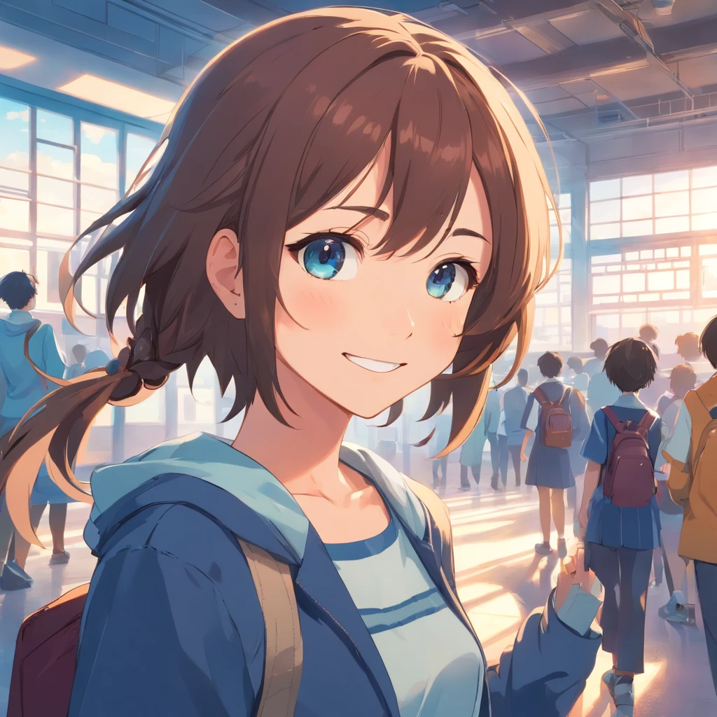 1girl、High school students、校服、schools、a smile、after school、jpn、blue-sky、In the school、be shy、Shy face、Kyun