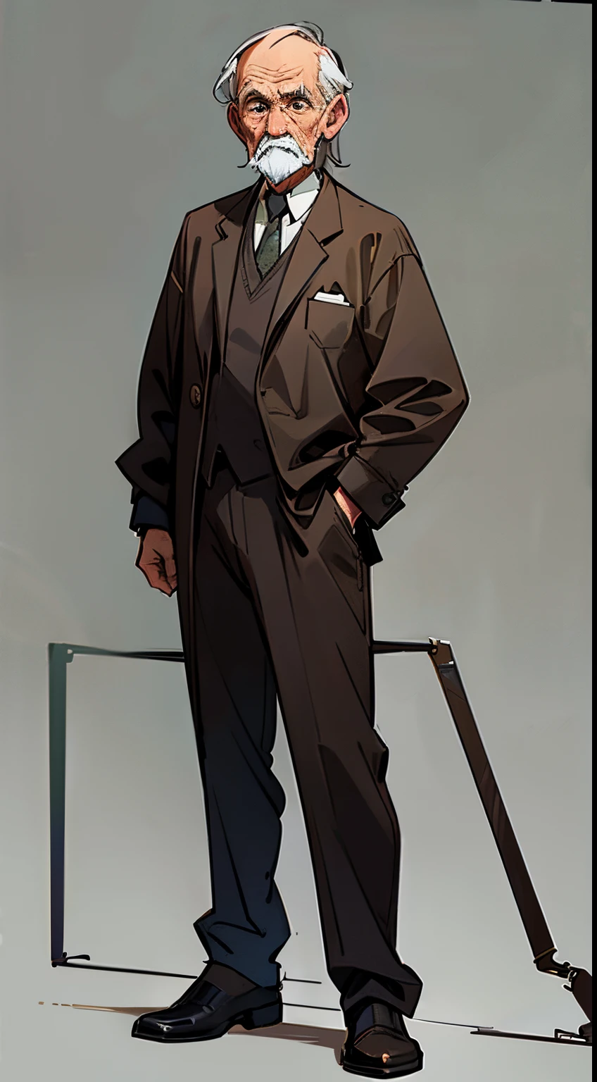 elderly man with short brown hair, in a gray business suit, stands upright, is looking at the camera, Full-length