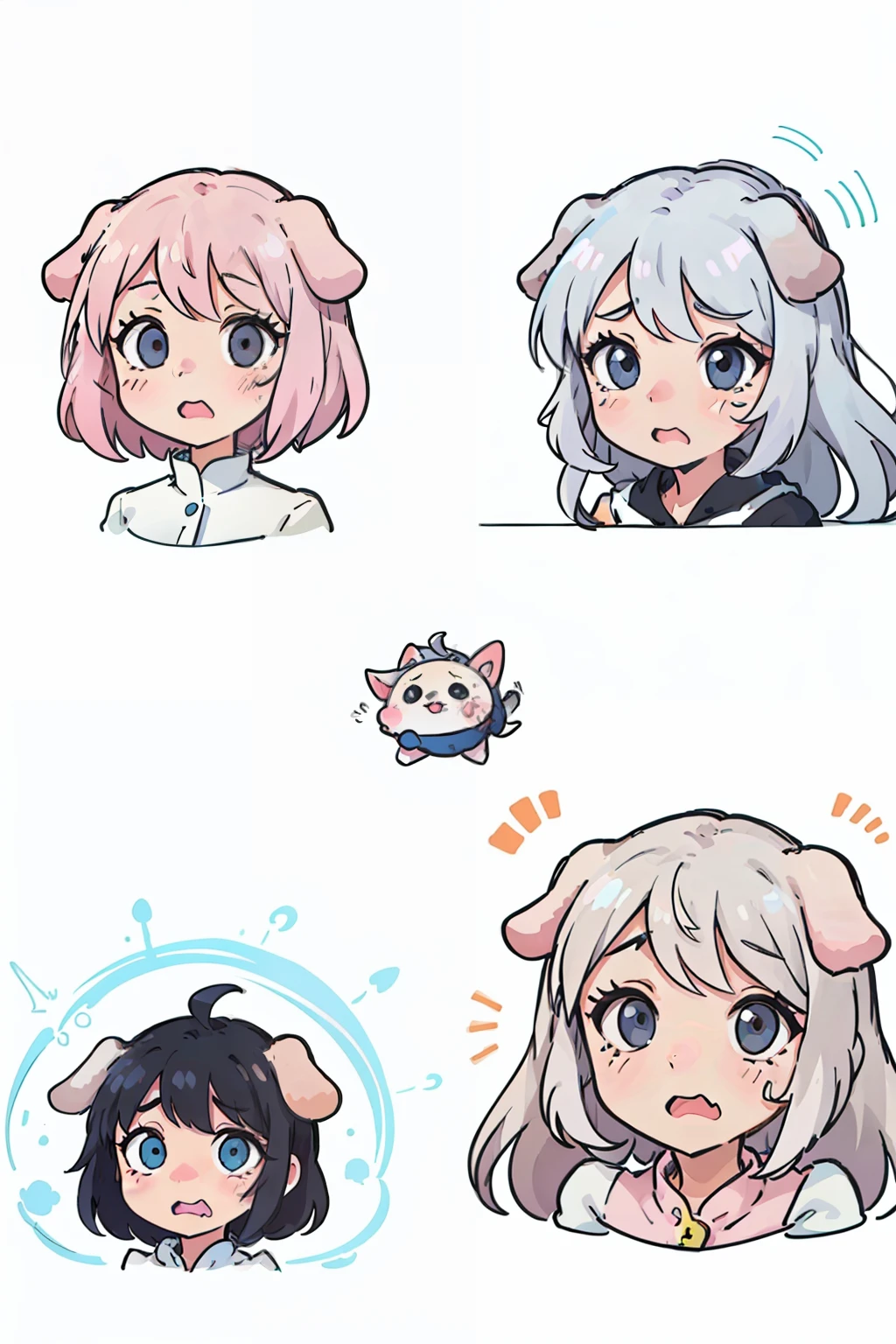 Cute pink puppy,expressions,dog ears,Various expressions,having fun,grieves,irate,expectant laughter,Disappointment 1,adorable eyes,White BE, illustration-nii 5-style cute, emoji as illustration set, with boold manga line style,
dynamic pose dark white,,f/64 groups,related characters,Old
Meme Kernel