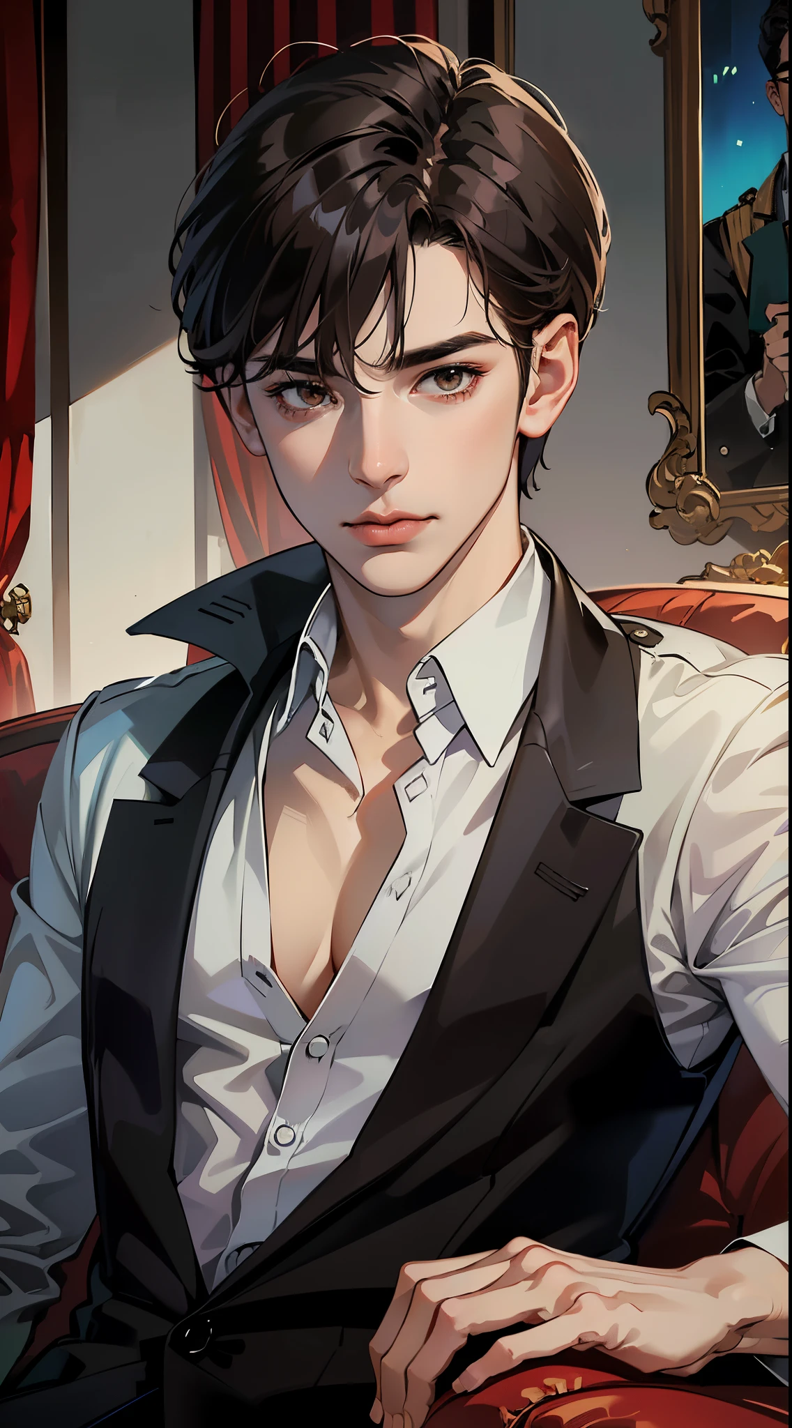 ((Image quality greater than 8K)), ((1 persons)), Boy Scout Costume and Chest and Abdominal Muscle Samples, Sit on the sofa in the room, ((Brown eyes: 1.10 Wearing gold-rimmed glasses)), (brunette color hair:1.4), seriously. (詳細な目), (Detailed mouth:1.3), (详细的脸), (Detailed body), (Inviting atmosphere), (romantic mood), ((A high resolution)), (high qulity)