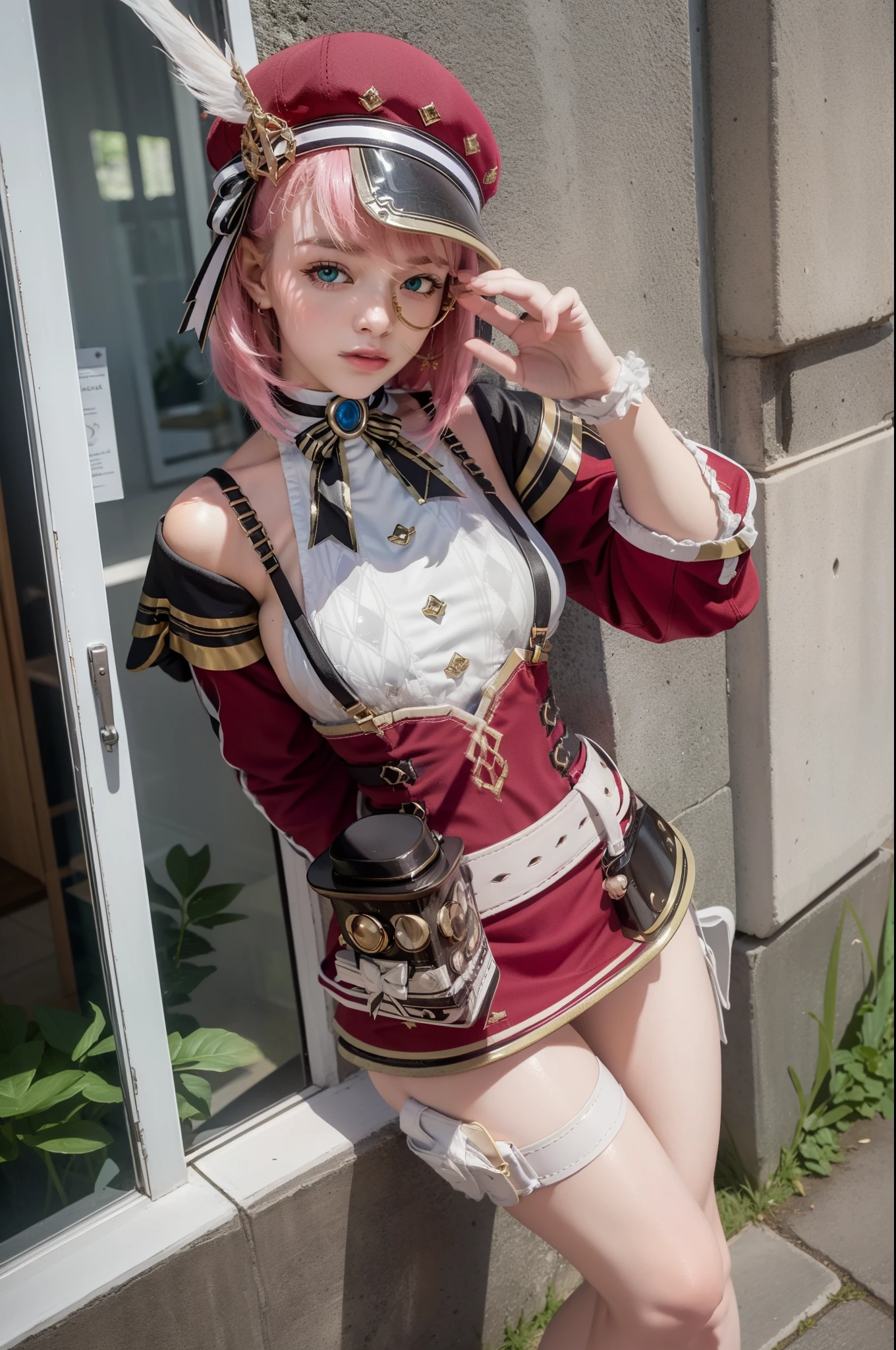 (masutepiece),Best Quality, Expressive eyes, Perfect face, 1girl in,
Big Breast, H-cup, good breasts, Beautiful, Gorgeous ,1girl in,hat, Pink hair, gloves, Bare shoulders, Belt bag, Green eyes,Thigh strap, Detached sleeves, White shirt, monocle, Short hair, Jewelry,bow ribbon, hat feather,