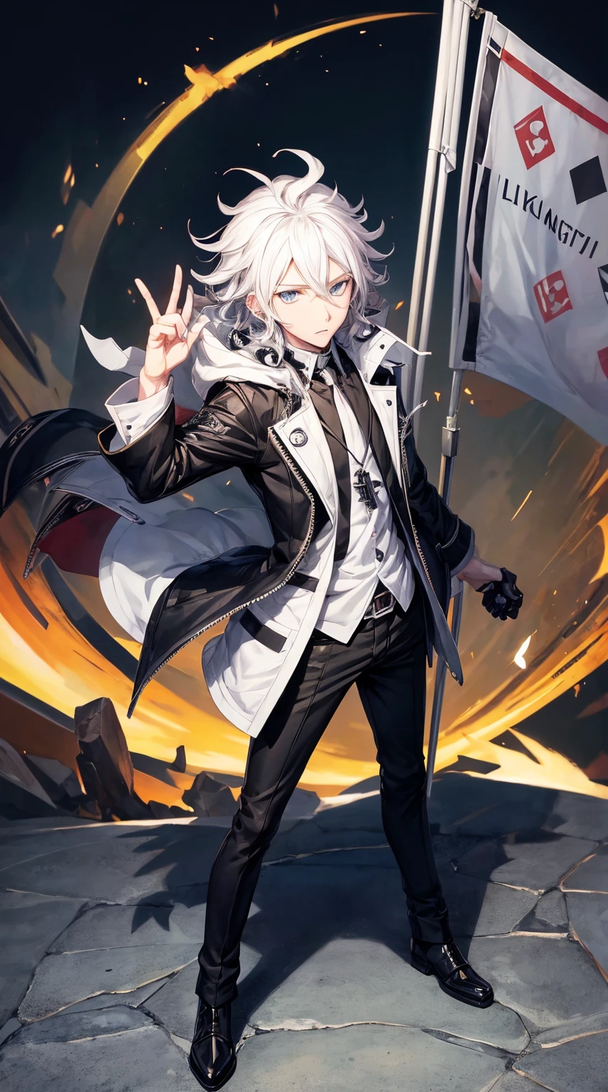 anime guy with white hair and a black jacket with a flag on it, nagito komaeda, official art, key anime art, makoto kano, !!full body portrait!!, full body portrait of a short!, tall anime guy with blue eyes, official anime artwork, young anime man, high quality portrait, 2022 anime style