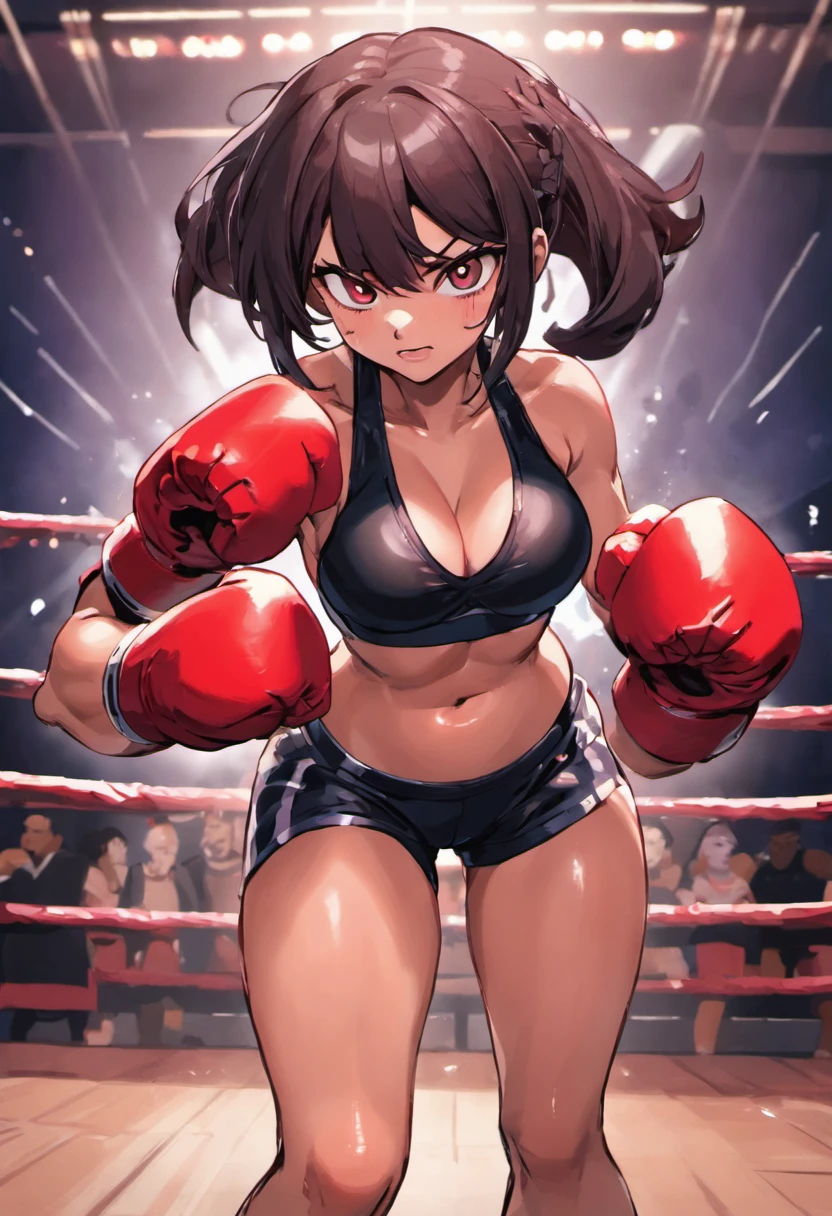 Boxeuse mature、Queue de cheval aux cheveux noirs、Peau brune、Soutien-gorge et short de sport noirs、Gants de boxe、Avec des yeux vifs、Position de boxe、Tour de taille、Salle de boxe sur fond