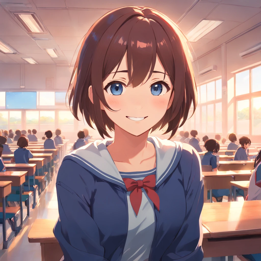 1girl、High school 、校服、schools、a smile、after school、jpn、blue-sky、‎Classroom、be shy、Shy face、Kyun、embarassed face、red blush、pounding