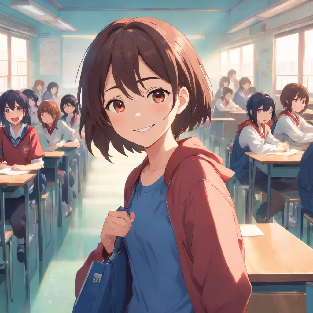 1girl、High school students、校服、schools、a smile、after school、jpn、blue-sky、Classroom、be shy、Shy face、Kyun、embarassed face、red blush、pounding
