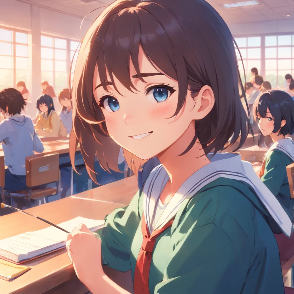1girl、High school students、校服、schools、a smile、after school、jpn、blue-sky、Classroom、be shy、Shy face、Kyun、embarassed face、red blush、pounding