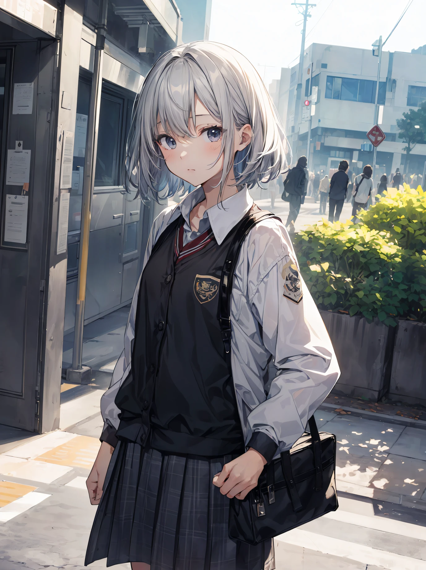 God quality, anime moe artstyle,best anime 8k konachan wallpaper,badass anime 8k,perfect anatomy, (Please draw a girl walking sleepily to school. ),break, 1girl, (Solo,Loli,child,13-year-old:1.3),a junior high school student, androgynous charm, (Very Short hair),messy hair, Full limbs, complete fingers,flat chest, Small butt, groin, Small eyes,finely detailed beautiful black eyes,disgusted eyes, school Uniform, in the School commute route. break,ultra-detailed,high resolution,super detailed skin, professional lighting,8k eye details, (cool illustration:1.2),
