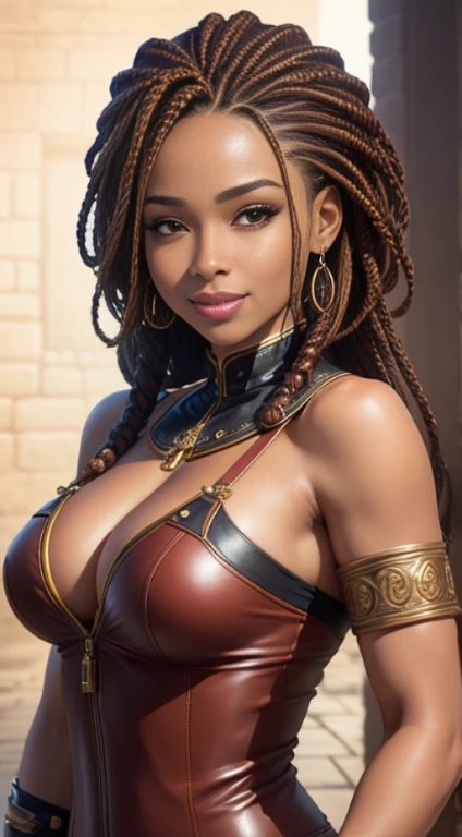 quality (photo realistic style, UHD, 16k, textured leather, hight resolution), a portrait of a beautiful woman, The perfect female face, African braids hair, perky smile
