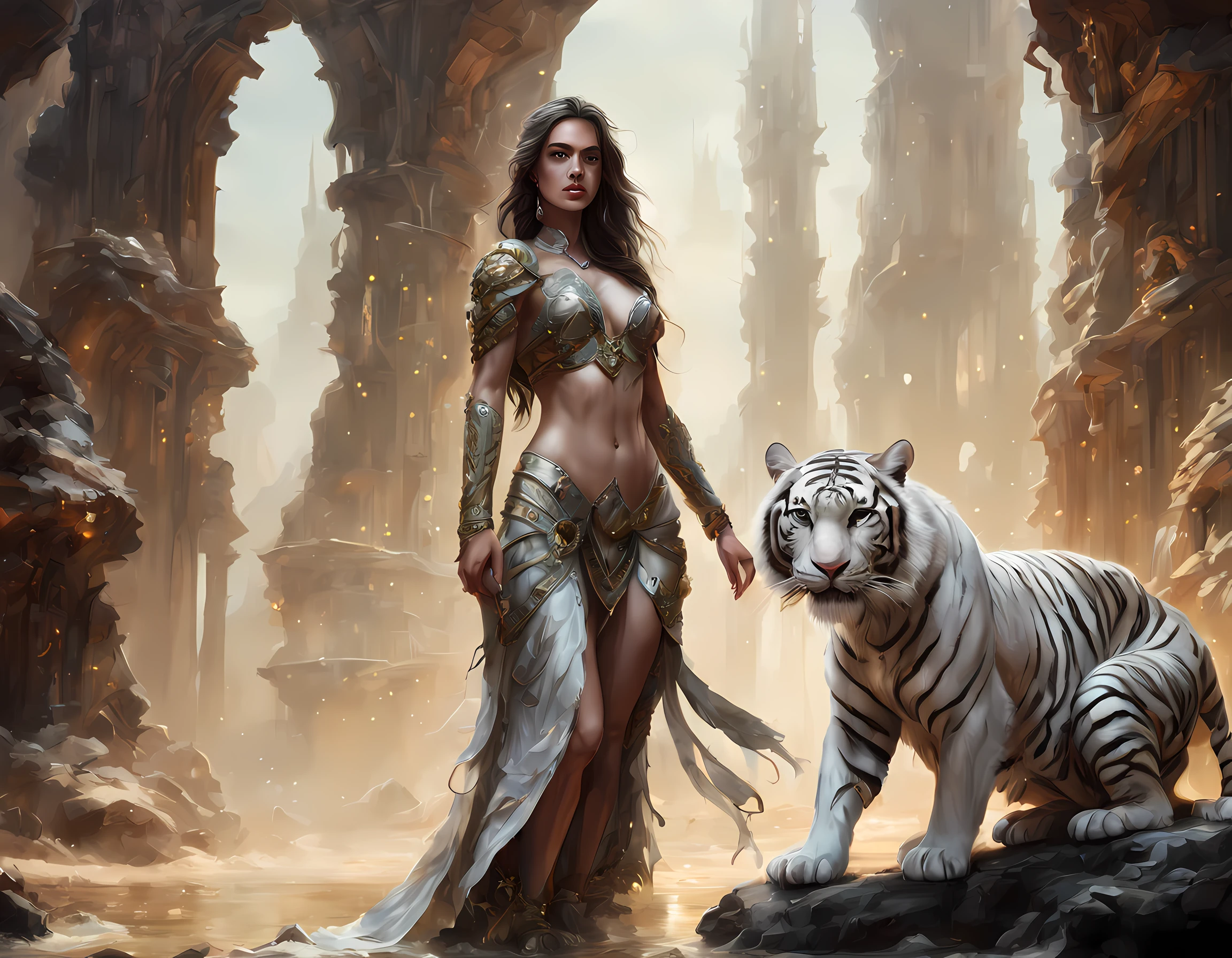 high details, best quality, 16k, RAW, [ultra detailed], masterpiece, best quality, (extremely detailed), dynamic angle, ultra wide shot, RAW, photorealistic, fantasy art,, rpg art, realistic art, a wide angle picture of a female human druid and her pet white tiger, priest of nature, cleric of nature, full body, [[anatomically correct]]. knelling woman (1.5 intricate details, Masterpiece, best quality) talking to a  white tiger (intricate details, Masterpiece, best quality: 1.5) in desert  (intricate details, Masterpiece, best quality: 1.5), a female  wearing leather clothes ( (intricate details, Masterpiece, best quality: 1.4) leather boots, thick hair, long hair, brown hair, tan skin intense brown eyes, desert background (intense details), a stream flowing in an oasis ( (intricate details, Masterpiece, best quality: 1.5), night, moon light, stars ( (intricate details, Masterpiece, best quality: 1.5)), dynamic angle,  (intricate details, Masterpiece, best quality: 1.5)), high details, best quality, highres, ultra wide angle, drkfntasy