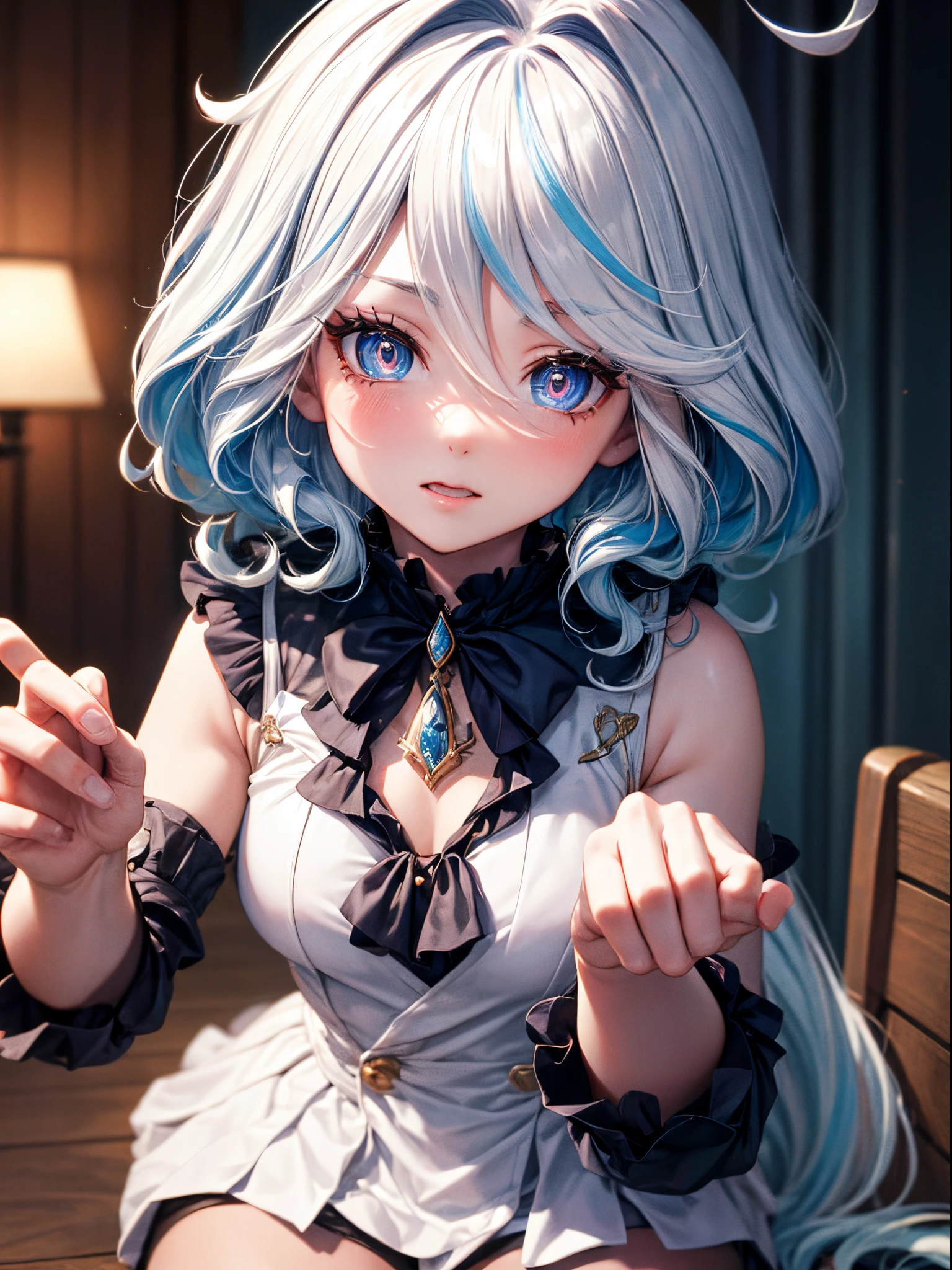 Masterpiece, best quality, genshin impact, 1 girl, furina, white hair, blue hair, cute, white backround, tear shaped pupils,