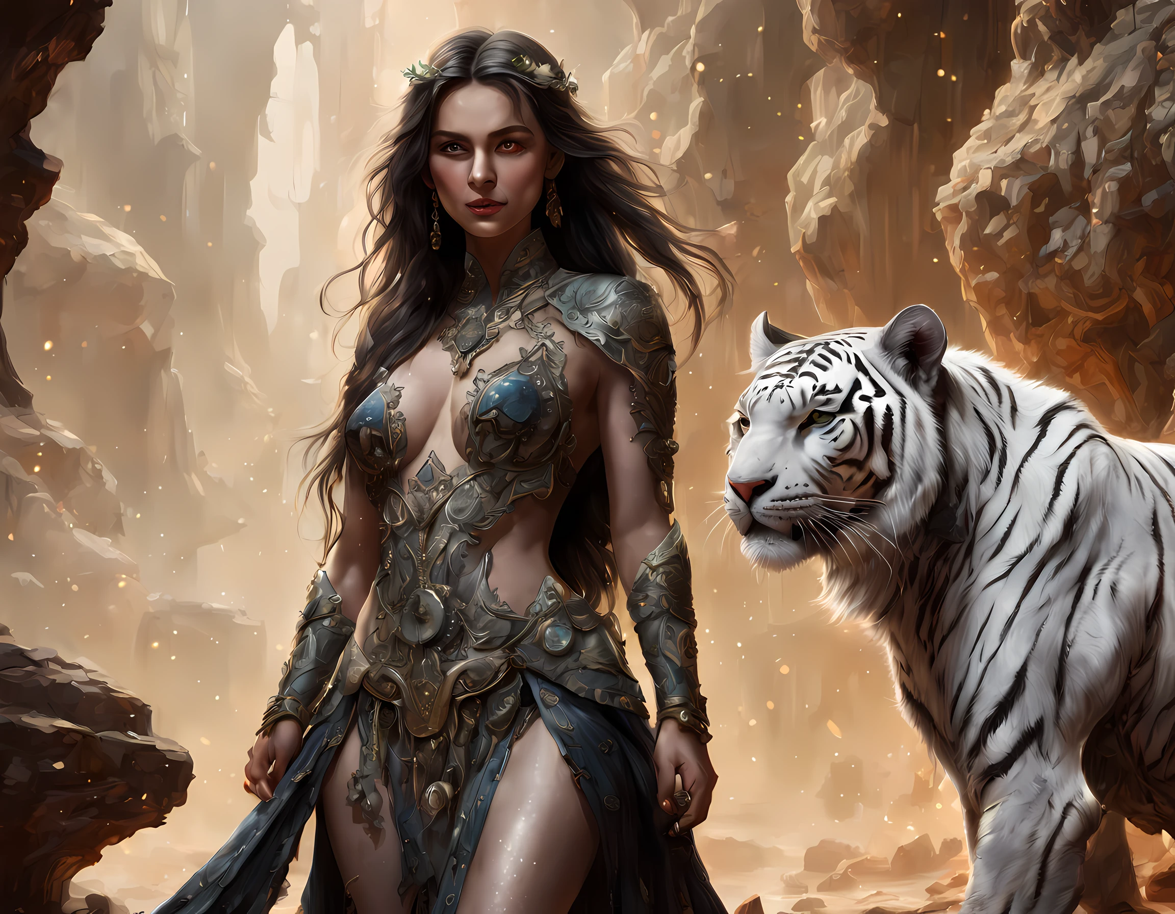 high details, best quality, 16k, RAW, [ultra detailed], masterpiece, best quality, (extremely detailed), dynamic angle, ultra wide shot, RAW, photorealistic, fantasy art,, rpg art, realistic art, a wide angle picture of a female human druid and her pet white tiger, priest of nature, cleric of nature, full body, [[anatomically correct]]. knelling woman (1.5 intricate details, Masterpiece, best quality) talking to a  white tiger (intricate details, Masterpiece, best quality: 1.5) in desert  (intricate details, Masterpiece, best quality: 1.5), a female  wearing leather clothes ( (intricate details, Masterpiece, best quality: 1.4) leather boots, thick hair, long hair, brown hair, tan skin intense brown eyes, desert background (intense details), a stream flowing in an oasis ( (intricate details, Masterpiece, best quality: 1.5), night, moon light, stars ( (intricate details, Masterpiece, best quality: 1.5)), dynamic angle,  (intricate details, Masterpiece, best quality: 1.5)), high details, best quality, highres, ultra wide angle, drkfntasy