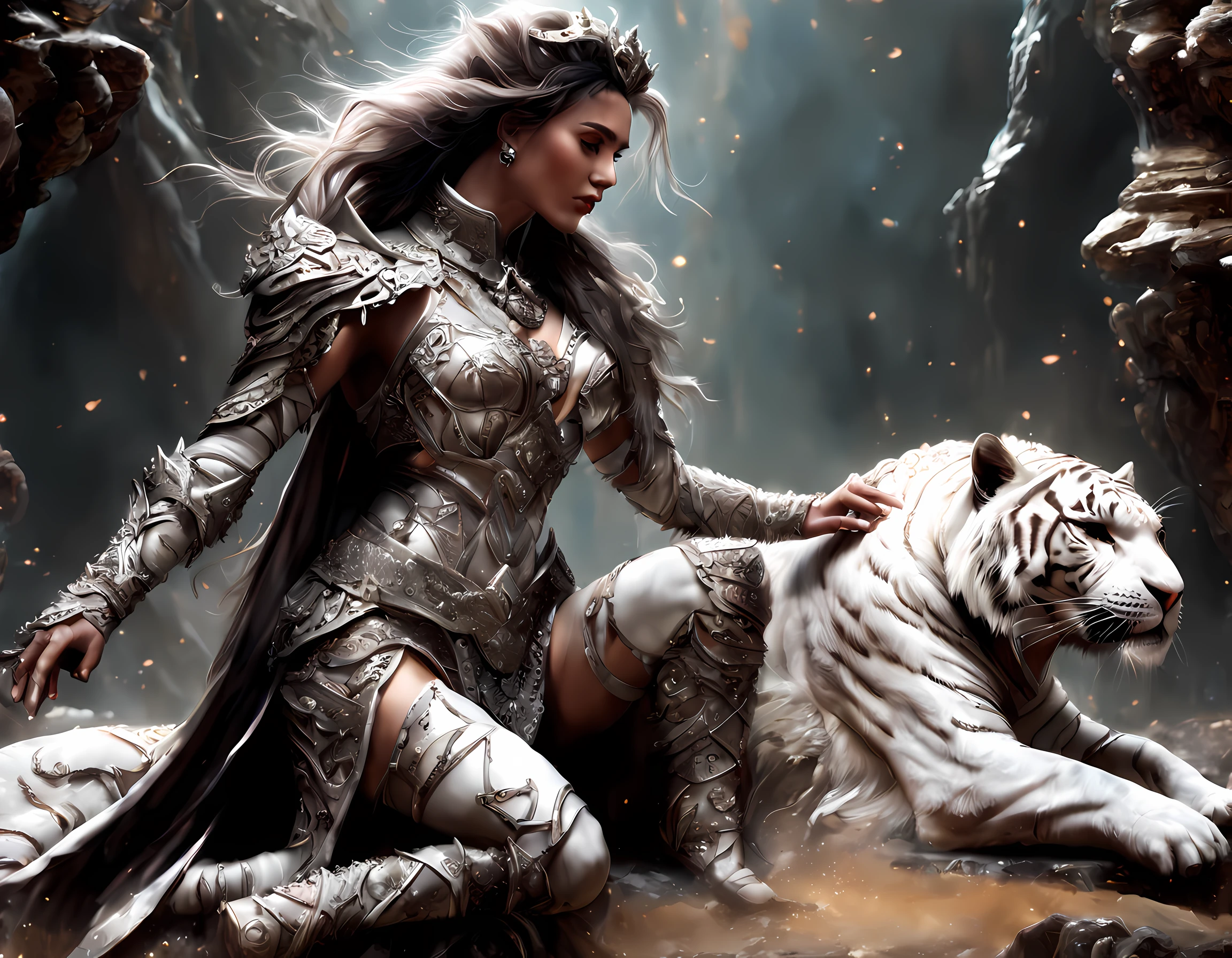 high details, best quality, 16k, RAW, [ultra detailed], masterpiece, best quality, (extremely detailed), dynamic angle, ultra wide shot, RAW, photorealistic, fantasy art,, rpg art, realistic art, a wide angle picture of a female human druid and her pet white tiger, priest of nature, cleric of nature, full body, [[anatomically correct]]. knelling woman (1.5 intricate details, Masterpiece, best quality) talking to a  white tiger (intricate details, Masterpiece, best quality: 1.5) in desert  (intricate details, Masterpiece, best quality: 1.5), a female  wearing leather clothes ( (intricate details, Masterpiece, best quality: 1.4) leather boots, thick hair, long hair, brown hair, tan skin intense brown eyes, desert background (intense details), a stream flowing in an oasis ( (intricate details, Masterpiece, best quality: 1.5), night, moon light, stars ( (intricate details, Masterpiece, best quality: 1.5)), dynamic angle,  (intricate details, Masterpiece, best quality: 1.5)), high details, best quality, highres, ultra wide angle, drkfntasy
