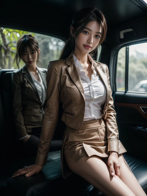 ((top-quality、in 8K、​masterpiece:1.3、Raw photo))、Super high quality photos, Inside a luxury limousine driving through a tropical jungle, ((Wearing a business suit with a jacket and skirt)), ((Beautiful Japanese woman sitting on a seat)),((wear a white blouse under the jacket)), ((Perfect beauty 20 year old idol Japan woman)), ((A smile)), ((nipples sticking out under the shirt,,)), ((slim figure)), ((Slim legs)), ((slim thigh)), (Photorealistic: 1.4), (Ultra-high detail), (hyper realisitic: 1.4), (Realistic: 1.3), (Smooth lighting: 1.05), Full body, 1girl in, Solo, (Japanese actressl),　20yr old, cinematlic lighting, ((Leaner figure)), Good anatomy, Correct anatomy, Inside a limousine running through a tropical jungle, ((Perfect beauty 20 year old idol Japan woman)), ((Slim legs)), ((slim thigh)), ,((Perfect beauty)), ((he has a small camping bag in one hand.)), ((Panties are visible through the skirt)), ((A smile)), ((camel's toe)), ((Wearing a business suit with a jacket and skirt)), ((Hands on the crotch)).