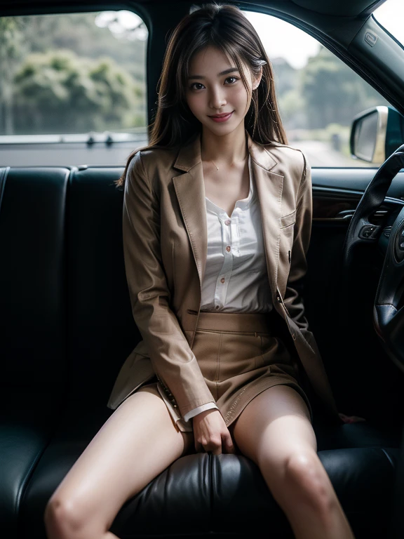 ((top-quality、in 8K、masterpiece:1.3、Raw photo))、Super high quality photos, Inside a luxury limousine running through a tropical jungle, ((Wearing a business suit with jacket and skirt)), ((Beautiful Japanese woman sitting on a seat)),((Wear a white blouse shirt under the jacket)), ((Perfect beauty 20 year old idol Japan woman)), ((burst into laughter)), ((protruding nipples under the shirt,,)), ((slim figure)), ((Slim legs)), ((slim thigh)), (Photorealistic: 1.4), (Ultra-high detail), (hyper realisitic: 1.4), (Realistic: 1.3), (Smooth lighting: 1.05), Full body, 1girl in, Solo, (Japanese actressl), 20yr old, cinematlic lighting, ((Leaner figure)), Good anatomy, Correct anatomy, Inside a limousine driving through a tropical jungle, ((Perfect beauty 20 year old idol Japan woman)), ((Slim legs)), ((slim thigh)), ,((Perfect beauty)), ((He has a small camping bag in one hand.)), ((Panties are visible through the skirt)), ((burst into laughter)), ((camel's toe)), ((Wearing a business suit with jacket and skirt)), ((Hands on the crotch)).