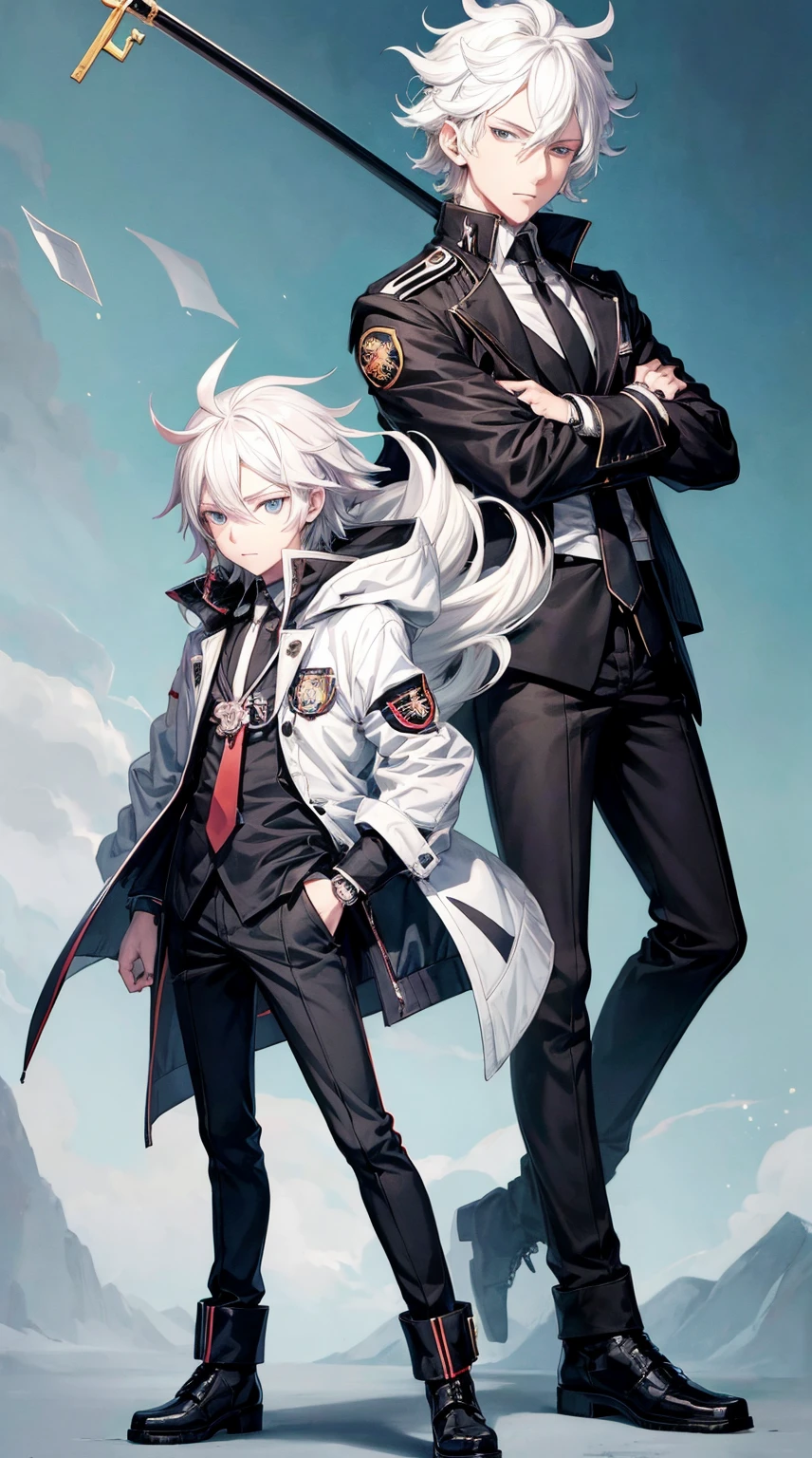 anime guy with white hair and a black jacket with a flag on it, nagito komaeda, official art, key anime art, makoto kano, !!full body portrait!!, full body portrait of a short!, tall anime guy with blue eyes, official anime artwork, young anime man, high quality portrait, 2022 anime style