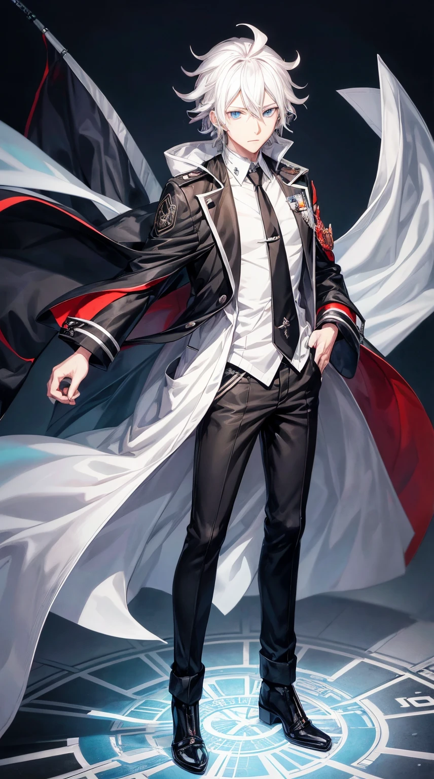 anime guy with white hair and a black jacket with a flag on it, nagito komaeda, official art, key anime art, makoto kano, !!full body portrait!!, full body portrait of a short!, tall anime guy with blue eyes, official anime artwork, young anime man, high quality portrait, 2022 anime style