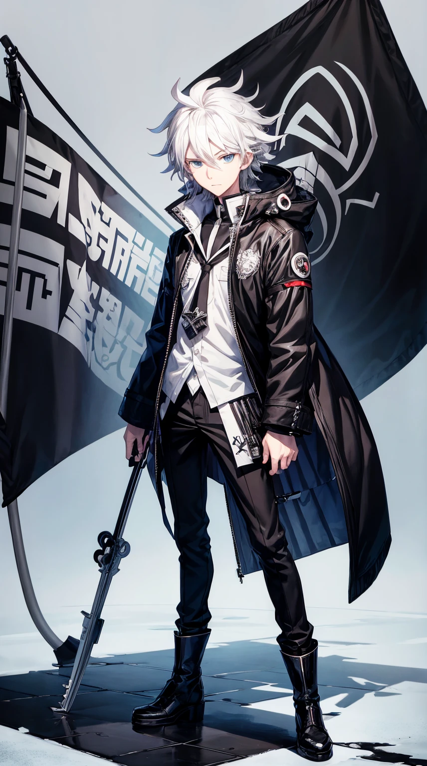 anime guy with white hair and a black jacket with a flag on it, nagito komaeda, official art, key anime art, makoto kano, !!full body portrait!!, full body portrait of a short!, tall anime guy with blue eyes, official anime artwork, young anime man, high quality portrait, 2022 anime style