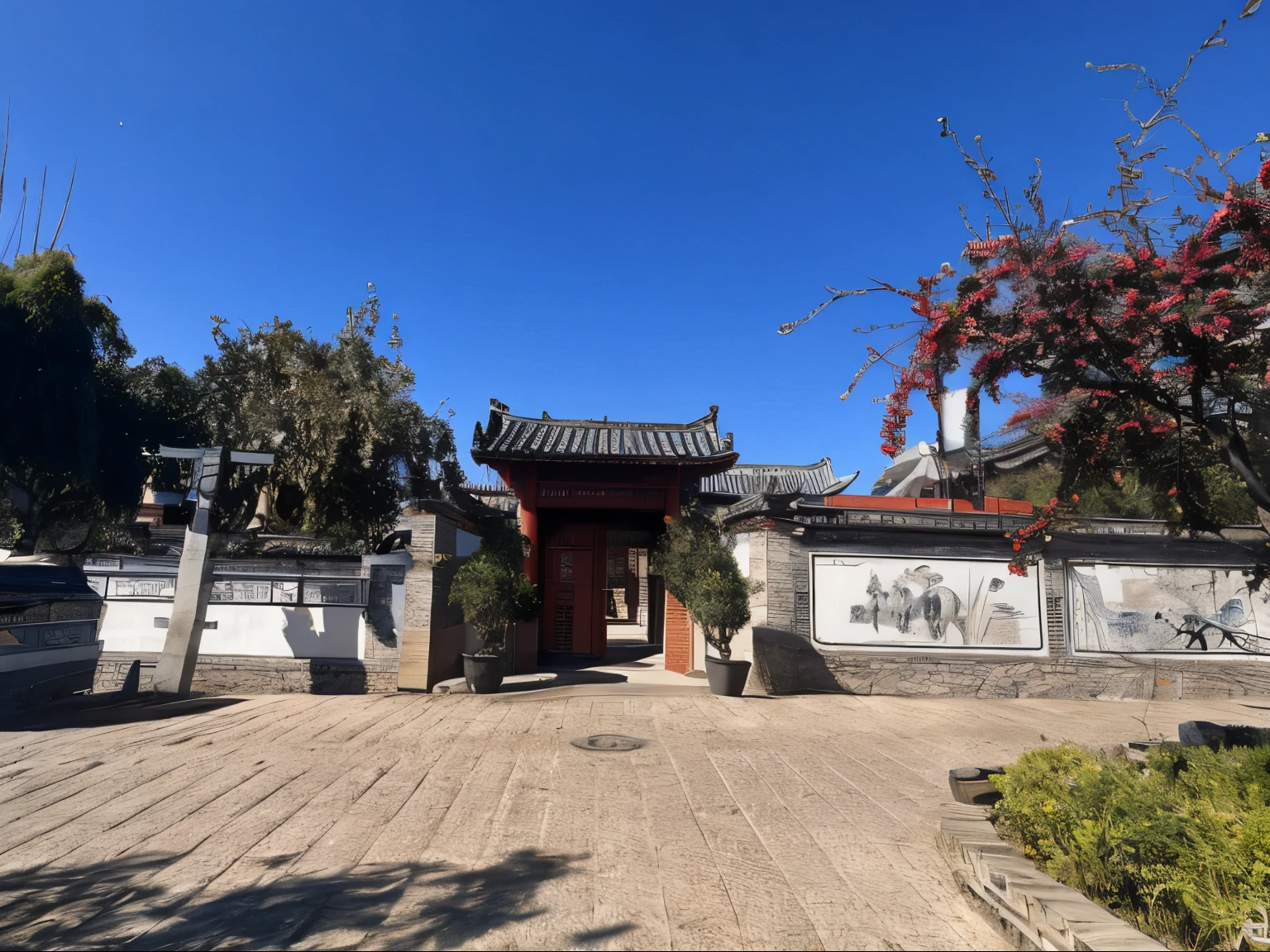 A traditional Chinese building with a red door and a red roof is located in the landscape of Alafed。This building is a Chinese temple like a Tang Dynasty palace,Retains the characteristics of ancient Chinese architecture。Outside the door is a Chinese temple,Surrounded by tranquil natural scenery。The whole scene conforms to ancient Chinese aesthetics,The shades are vivid,the composition is symmetrical。The door in the center of the house faces the viewer,Gives people a sense of parallel perspective。The wall is decorated with plaques in traditional Chinese。seen from outside,This Chinese temple is very beautiful,Impressive。Surrounded by villages full of Chinese characteristics,Reflects the characteristics of Naxi national culture and Dongba culture。Fine picture details,Presents a realistic effect,Realistic。The entire painting is displayed with high-quality image effects,vibrant with colors,detail-rich,Reached the level of a work of art。