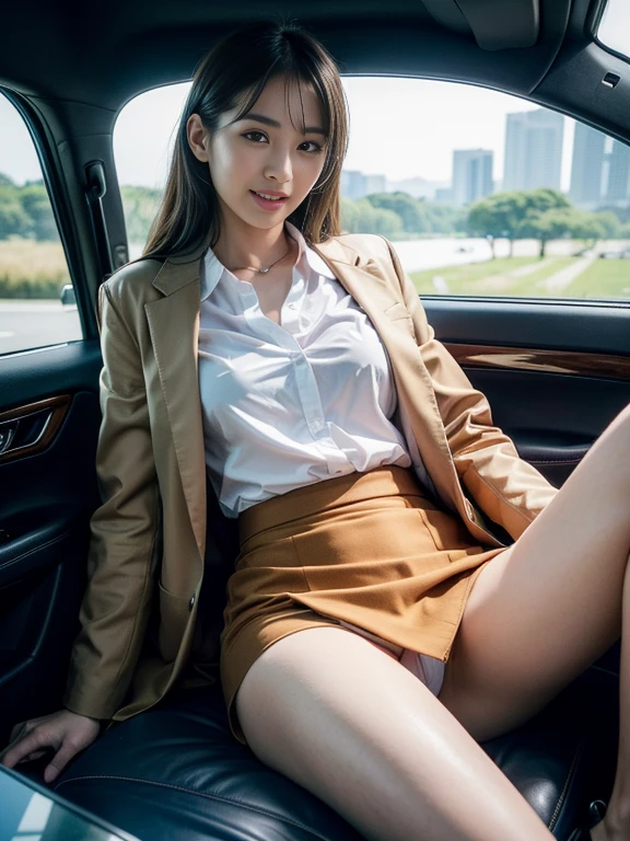 ((top-quality、in 8K、​masterpiece:1.3、Raw photo))、Super high quality photos, Inside a luxury limousine running through a tropical jungle, ((Wearing a business suit with jacket and skirt)), ((Beautiful Japanese woman sitting on a seat)),((Wear a white blouse shirt under the jacket)), ((Perfect beauty 20 year old idol Japan woman)), ((burst into laughter)), ((protruding nipples under the shirt,,)), ((slim figure)), ((Slim legs)), ((slim thigh)), (Photorealistic: 1.4), (Ultra-high detail), (hyper realisitic: 1.4), (Realistic: 1.3), (Smooth lighting: 1.05), Full body, 1girl in, Solo, (Japanese actressl),　20yr old, cinematlic lighting, ((Leaner figure)), Good anatomy, Correct anatomy, Inside a limousine driving through a tropical jungle, ((Perfect beauty 20 year old idol Japan woman)), ((Slim legs)), ((slim thigh)), ,((Perfect beauty)), ((He has a small camping bag in one hand.)), ((Panties are visible through the skirt)), ((burst into laughter)), ((camel's toe)), ((Wearing a business suit with jacket and skirt)), ((Hands on the crotch)).