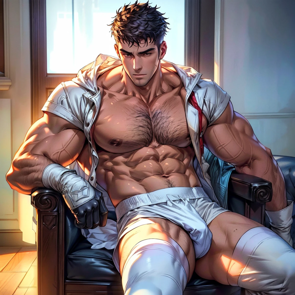 1boy, translucent gloves, big chest muscles, big bag, white cotton socks, half-reclining, CG sense, tight transparent underwear, (best quality, 4k, highres, photorealistic:1.37), ultra-detailed, professional, vivid colors, sharp focus, physically-based rendering, studio lighting