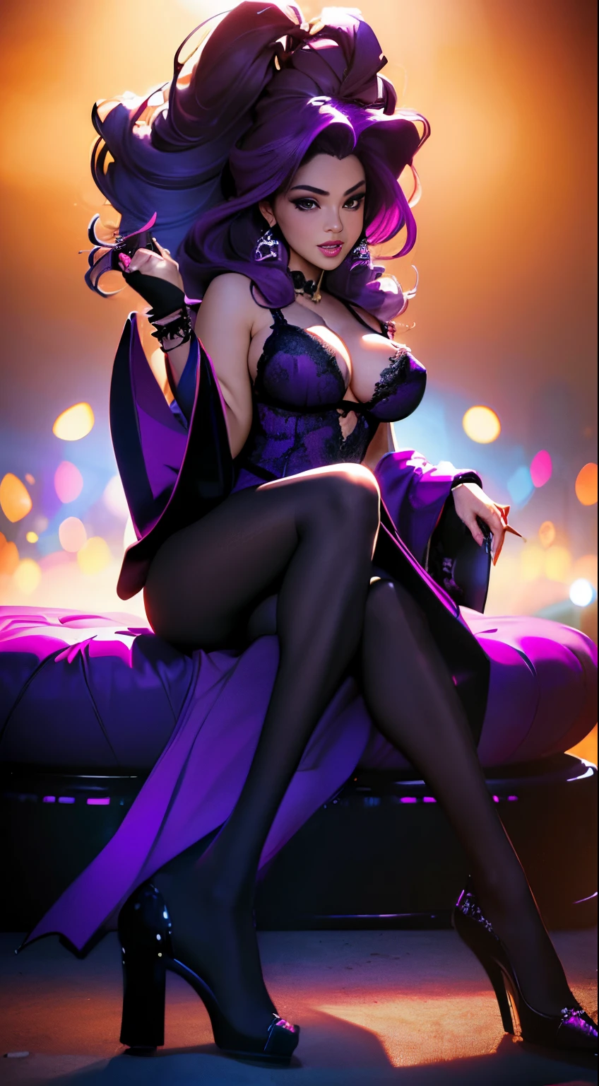 (ultra-detailed,photorealistic:1.2), HDR, professional, vivid colors, bokeh, 3D rendering, sexy curvy girl, solo, purple hair, ahegao face, big boobs, sensual, seductive pose, soft lighting, lace lingerie, high heels, boudoir photography, glamorous, confident expression, alluring gaze