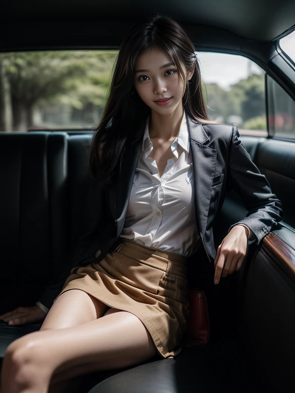 ((top-quality、in 8K、masterpiece:1.3、Raw photo))、Super high quality photos, Inside a luxury limousine running through a tropical jungle, ((Wearing a business suit with jacket and skirt)), ((Beautiful Japanese woman sitting on a seat)),((Wear a white blouse shirt under the jacket)), ((Perfect beauty 20 year old idol Japan woman)), ((a smile)), ((protruding nipples under the shirt,,)), ((slim figure)), ((Slim legs)), ((slim thigh)), (Photorealistic: 1.4), (Ultra-high detail), (hyper realisitic: 1.4), (Realistic: 1.3), (Smooth lighting: 1.05), Full body, 1girl in, Solo, (Japanese actressl), 20yr old, cinematlic lighting, ((Leaner figure)), Good anatomy, Correct anatomy, Inside a limousine driving through a tropical jungle, ((Perfect beauty 20 year old idol Japan woman)), ((Slim legs)), ((slim thigh)), ,((Perfect beauty)), ((He has a small camping bag in one hand.)), ((Panties are visible through the skirt)), ((a smile)), ((camel's toe)), ((Wearing a business suit with jacket and skirt)), ((Hands on the crotch)).