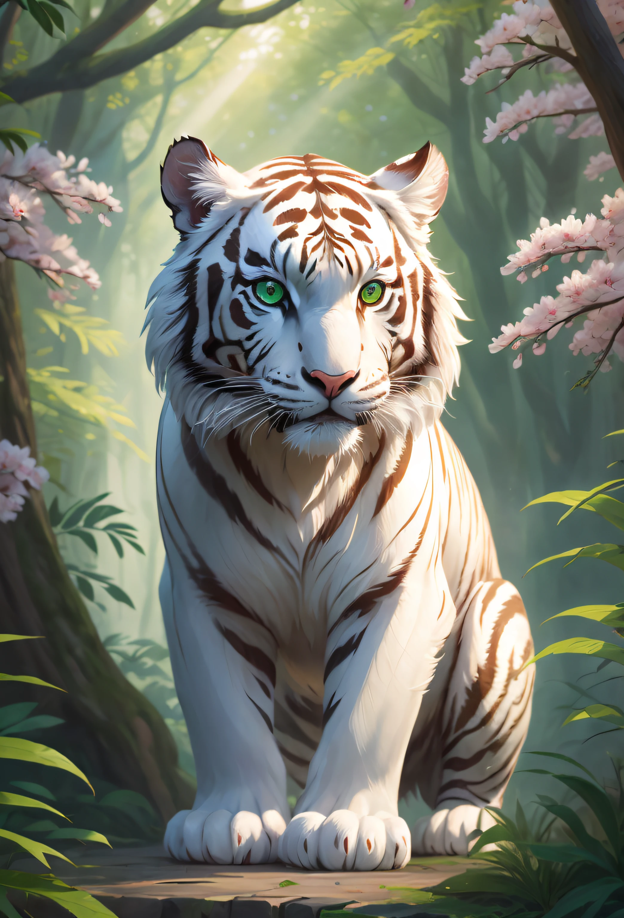 (best quality,4k,8k,highres,masterpiece:1.2),ultra-detailed,(realistic,photorealistic,photo-realistic:1.37),anime style,white tiger,beautiful detailed eyes,detailed fur texture,striking color palette,tiger in a lush forest setting,lots of green foliage,ray of sunlight filtering through the trees,intricate patterns on the tiger's body,expressive facial features,fierce expression,intense gaze,tiger standing proudly,graceful and powerful posture,majestic atmosphere,sharp focus,contrast between the tiger and the surroundings,subtle shadows and highlights,vibrant colors,stylized and dreamy background,dynamic brushstrokes,ethereal atmosphere,lightly falling cherry blossom petals,soft lighting,playful and whimsical feel to the artwork.