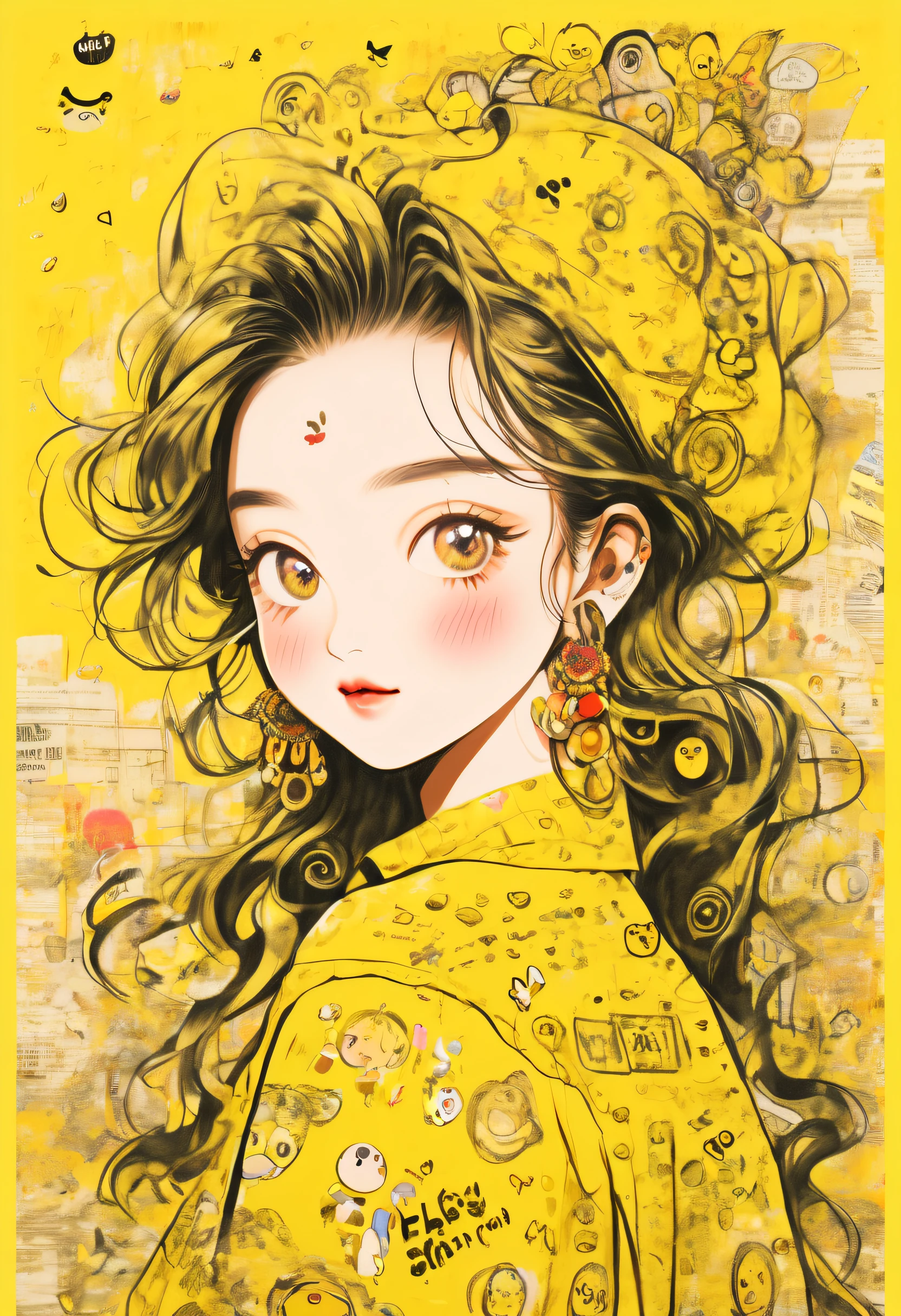 a cartoon illustration of a lady ina yellow shirt over art by mrs butterfly, in the style of grunge beauty, sandara tang, mixed patterns, text and emoji installations, close up, charming character illustrations, folkloric