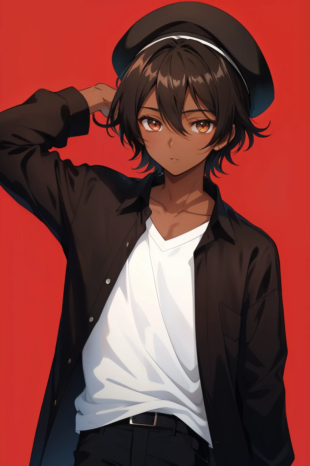 Hot, teen brown black dark skin Anime guy male boy with dark brown skin, short white hair wearing a black long sleeve shirt and a beret on his head.