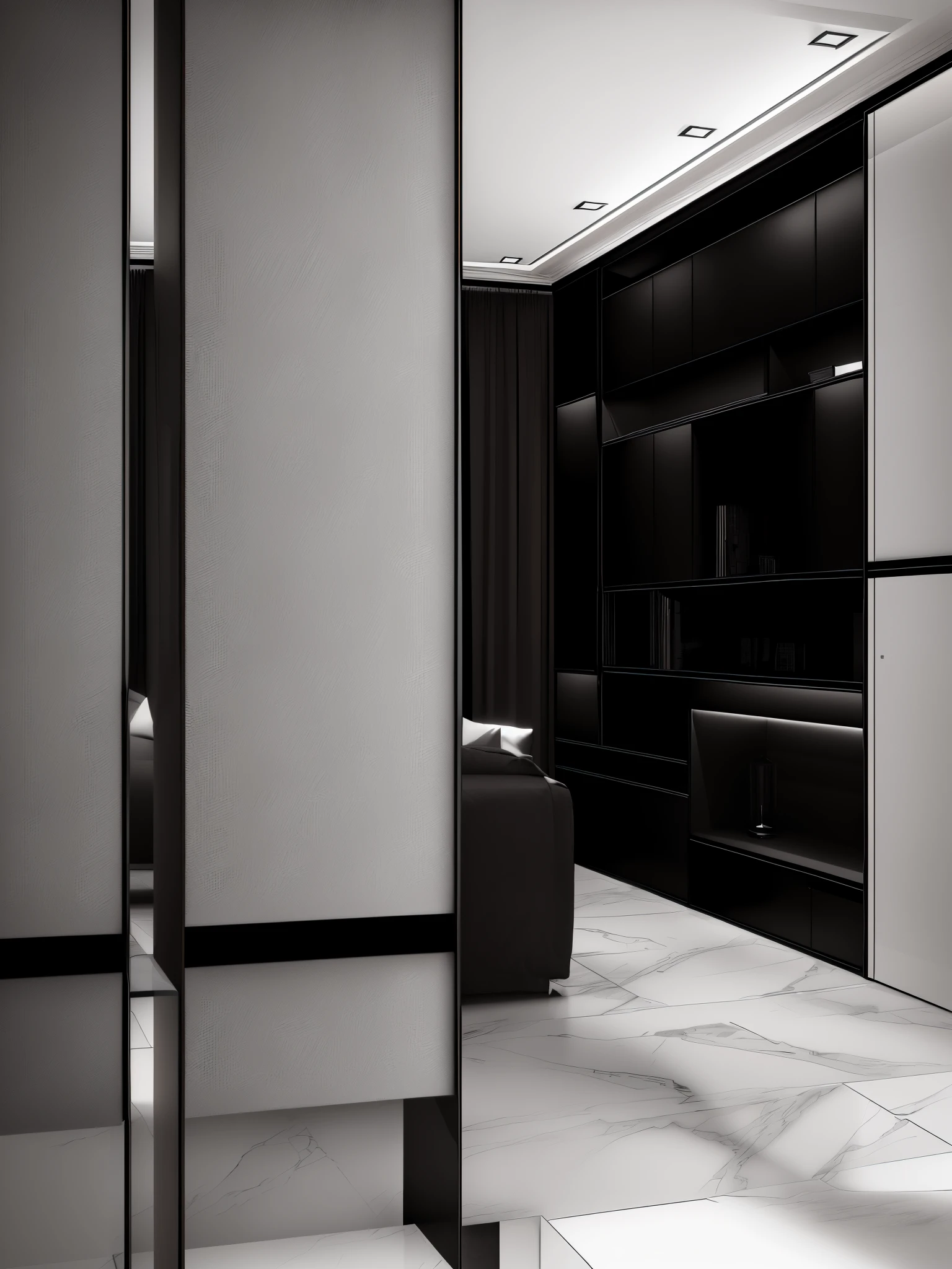 there is a room with a couch and a cabinet in it, low details and clean lines, apartment with black walls, luxury condo interior, marble and wood and glass, dark and modern, modern style, elegant wardrobe, apartment design, smooth panelling, high end interior, elegant minimalism, interior design details, elegant interior, modern interior design, elegant and refined
