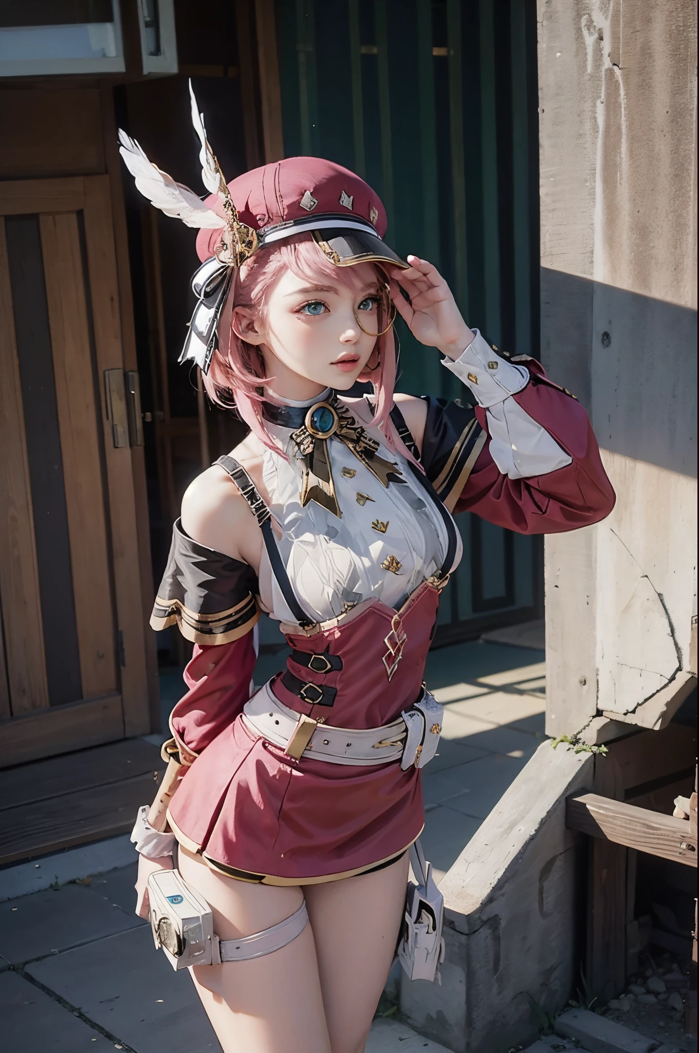 (masutepiece),Best Quality, Expressive eyes, Perfect face, 1girl in,
Big Breast, H-cup, good breasts, Beautiful, Gorgeous ,1girl in,hat, Pink hair, gloves, Bare shoulders, Belt bag, Green eyes,Thigh strap, Detached sleeves, White shirt, monocle, Short hair, Jewelry,bow ribbon, hat feather,