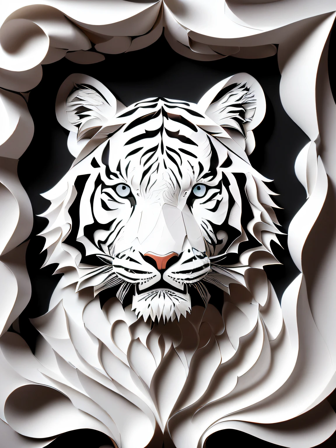 (（（Paper art，Cut out of paper，）））portrait of a white tiger made of paper and paper strips in black and white., beautiful digital artwork, Intricate patterns, Pop Japonisme 3 D Ultra Детализирован, Intricate digital painting, Multi-layered paper art, detailed digital 3d art, cute detailed digital art, Tiger's head, Paper art, Lying on the white clouds of a fairytale land, exquisite digital illustration, gorgeous digital art