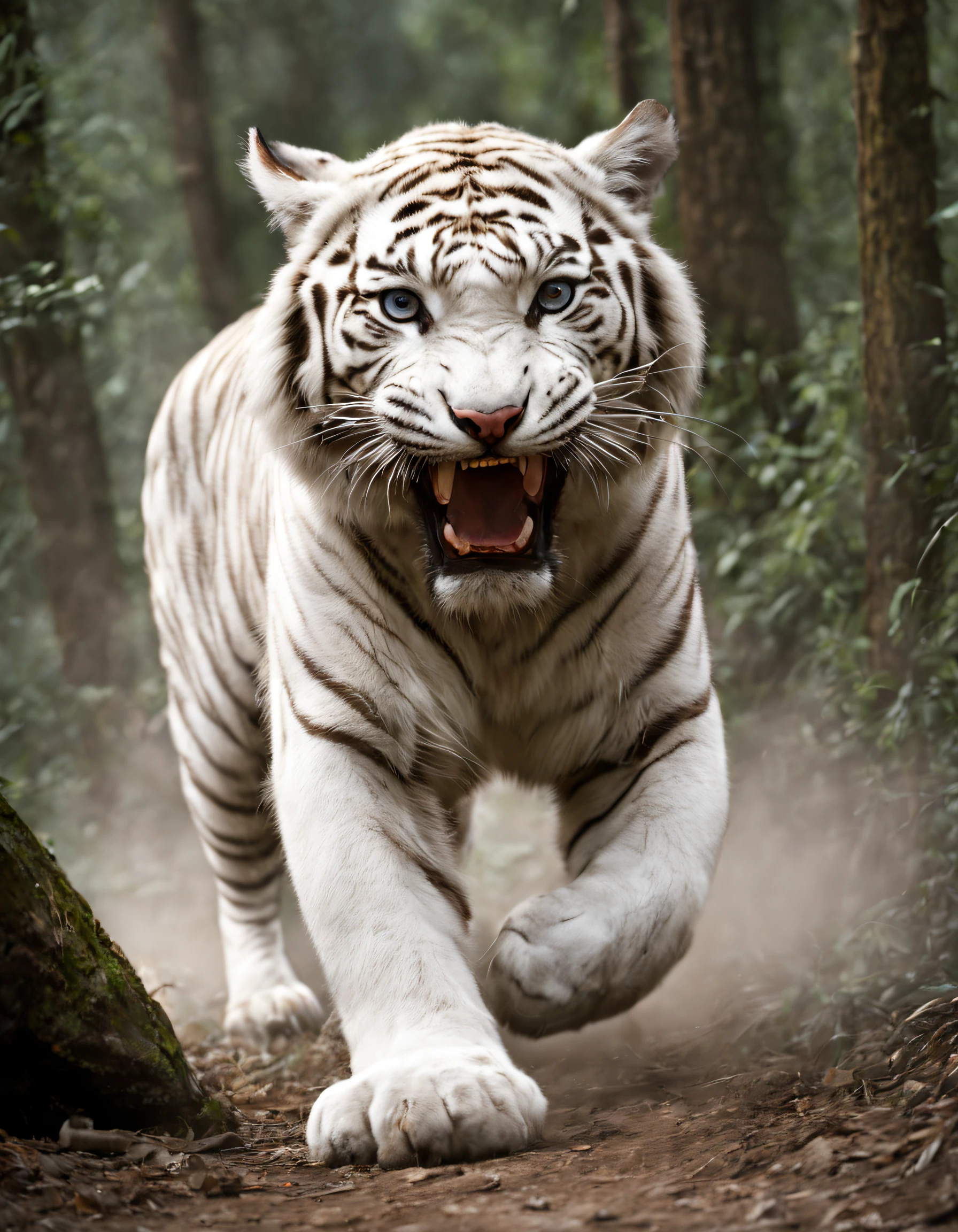 wild animals, Angry white tiger roars and charges, at a forest, action shot, National Geographic
