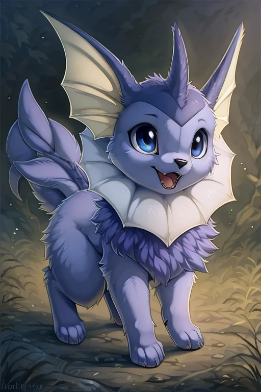 [by Hioshiru],furry, Feral,male, Pokemon, Long fluffy hair, Shiny Vaporeon with purple fur, Dark blue eyes, Curious,mouth open, canine paws, paws for hands, short height, shortstack, crawling, heavy, walkies, perk